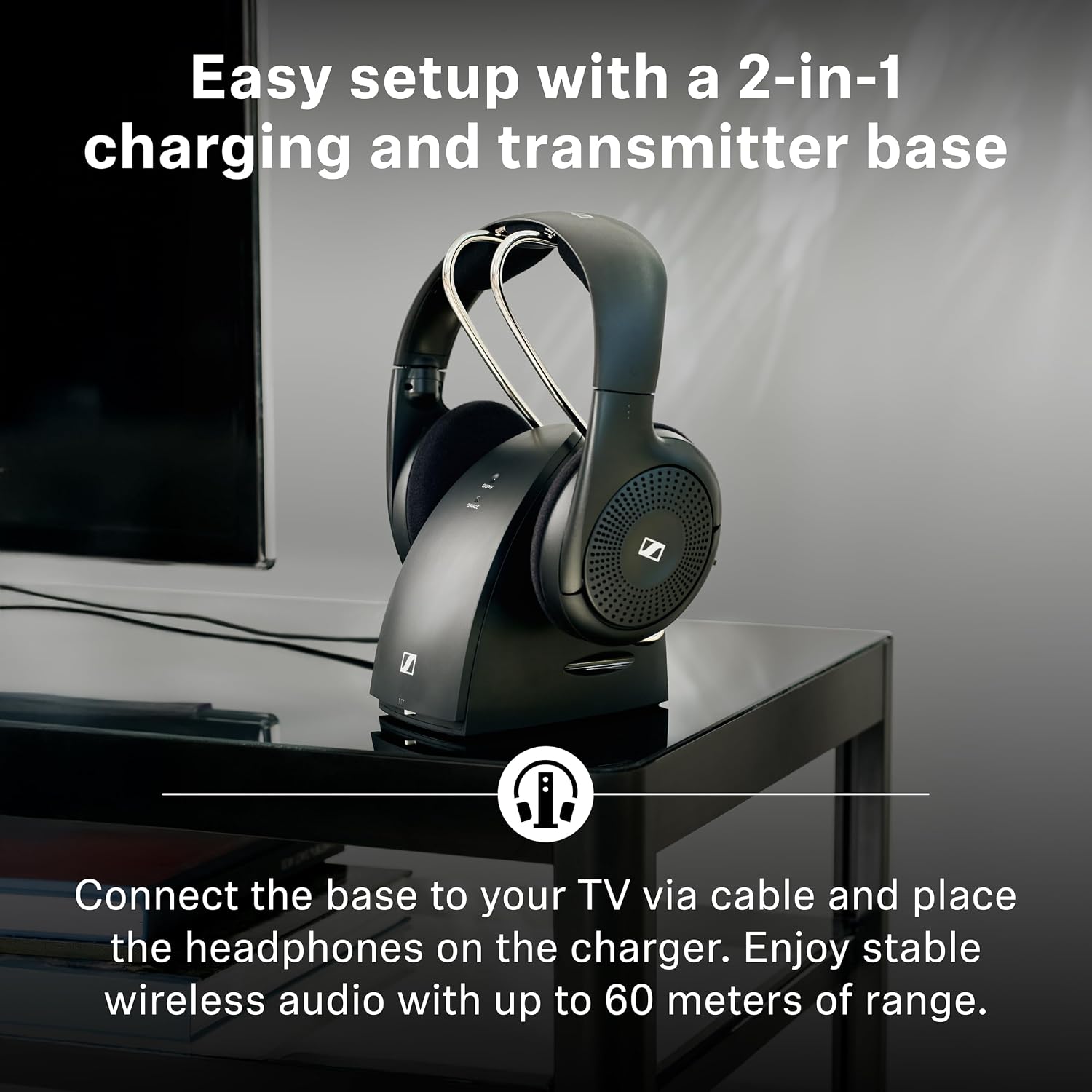 Sennheiser RS 120-W On-Ear Wireless Headphones for Crystal-clear TV Listening with 3 Sound Modes, Lightweight Design, Easy Volume Control, 60 m Range and Convenient Transmitter/Charger Combo - Black