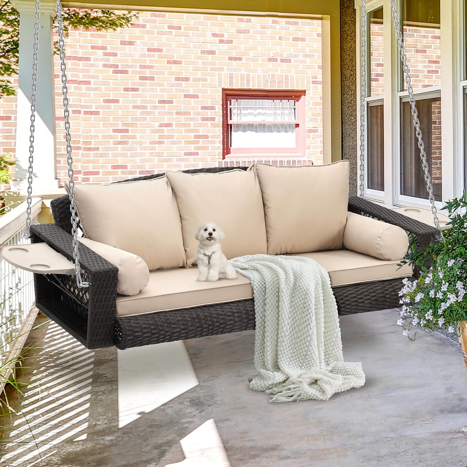 Grepatio Wicker Hanging Porch Swing - Outdoor 3 Person Patio Swing Bench with Cushion & Chains - 3-Seat Porch Swing Chair with Cup Holder for Garden, Yard, Lawn (Khaki Brown Rattan)