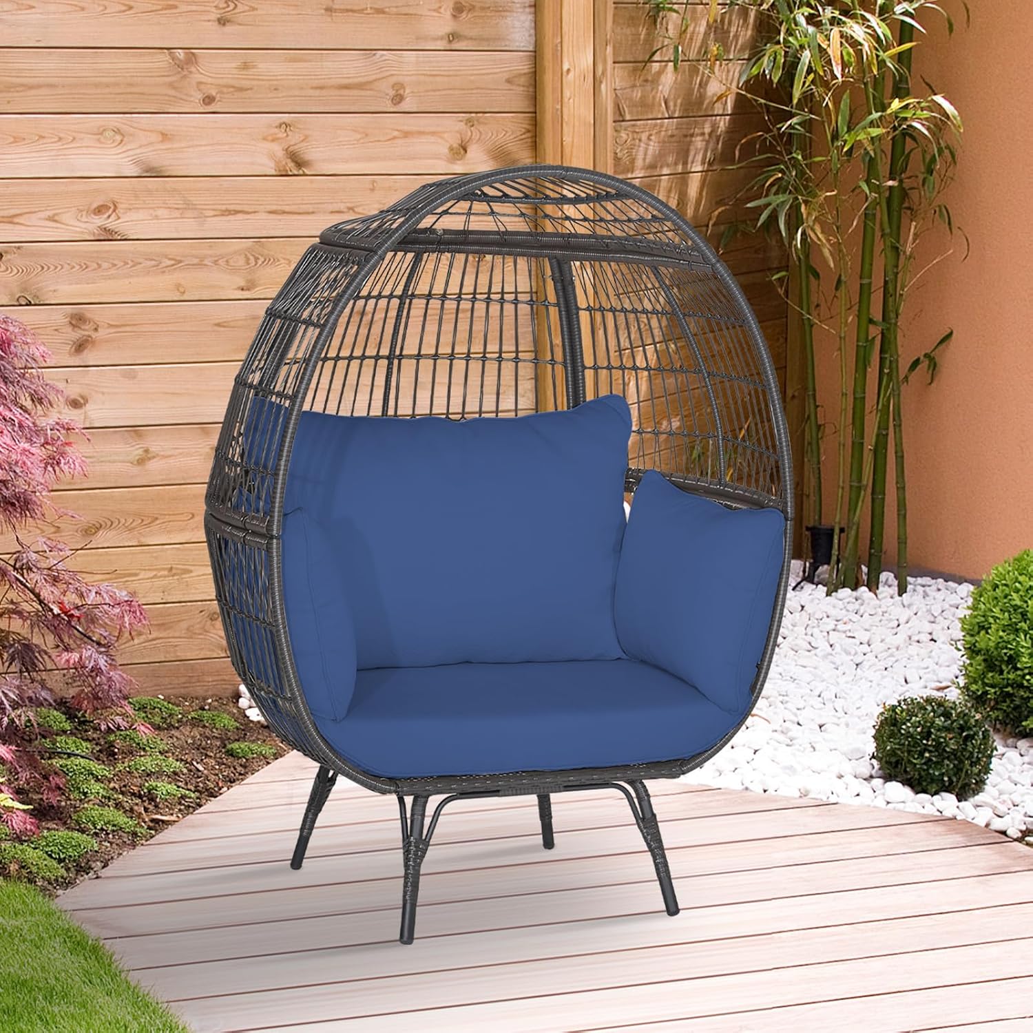 Tangkula PE Wicker Egg Chair, Patiojoy Oversized Indoor Outdoor Patio Lounge Chair with Cushions and Pillows, Steel Frame Basket Chair for Garden, Deck, Balcony, Living Room (Navy)