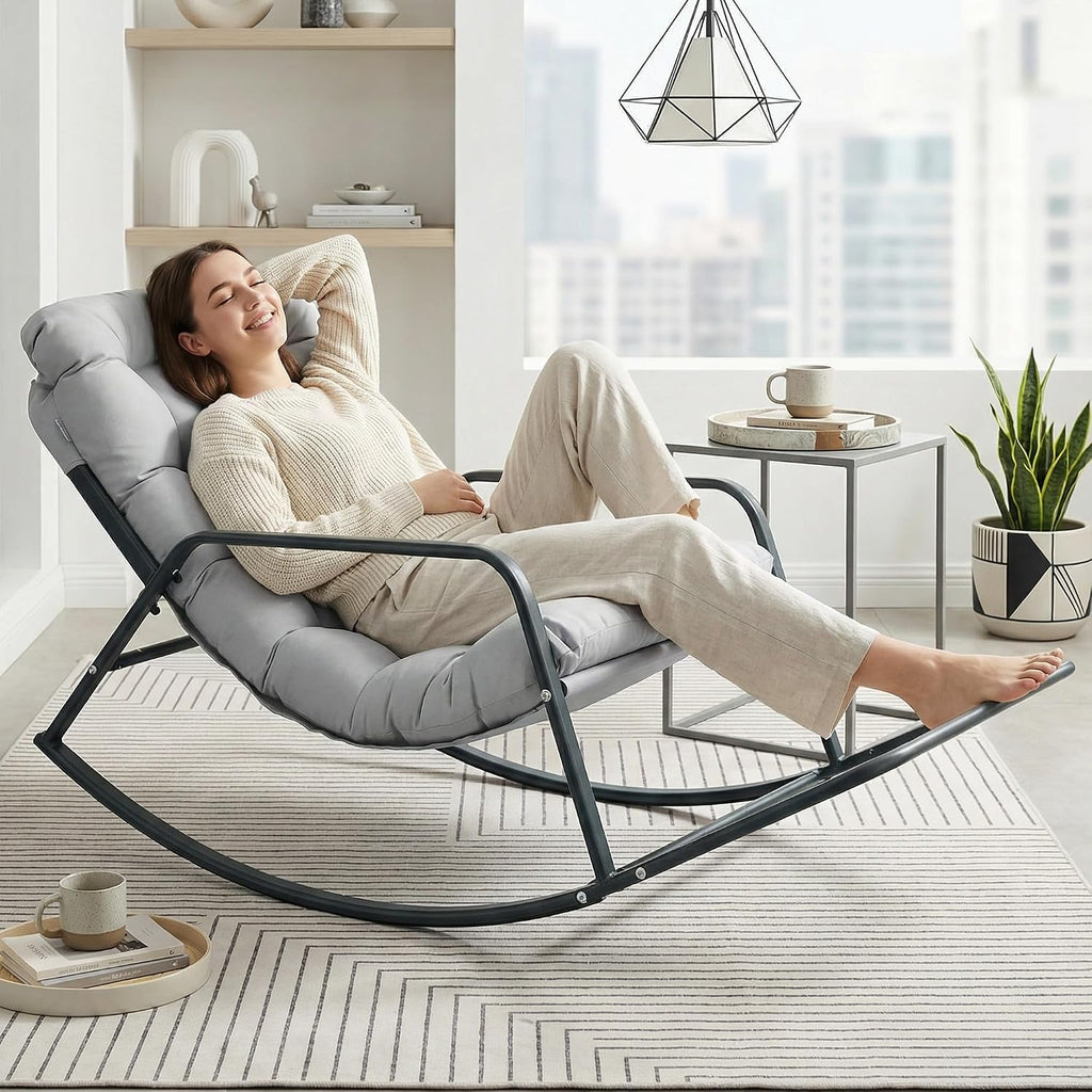 BULEXYARD Grey Oversized Indoor Outdoor Lounge Royal Rocking Chair with Armrest Footrest for Napping Relaxing, Heavy Duty Patio Reclining Papasan Rocker Chair with Padded Cushion for Porch, Sunroom