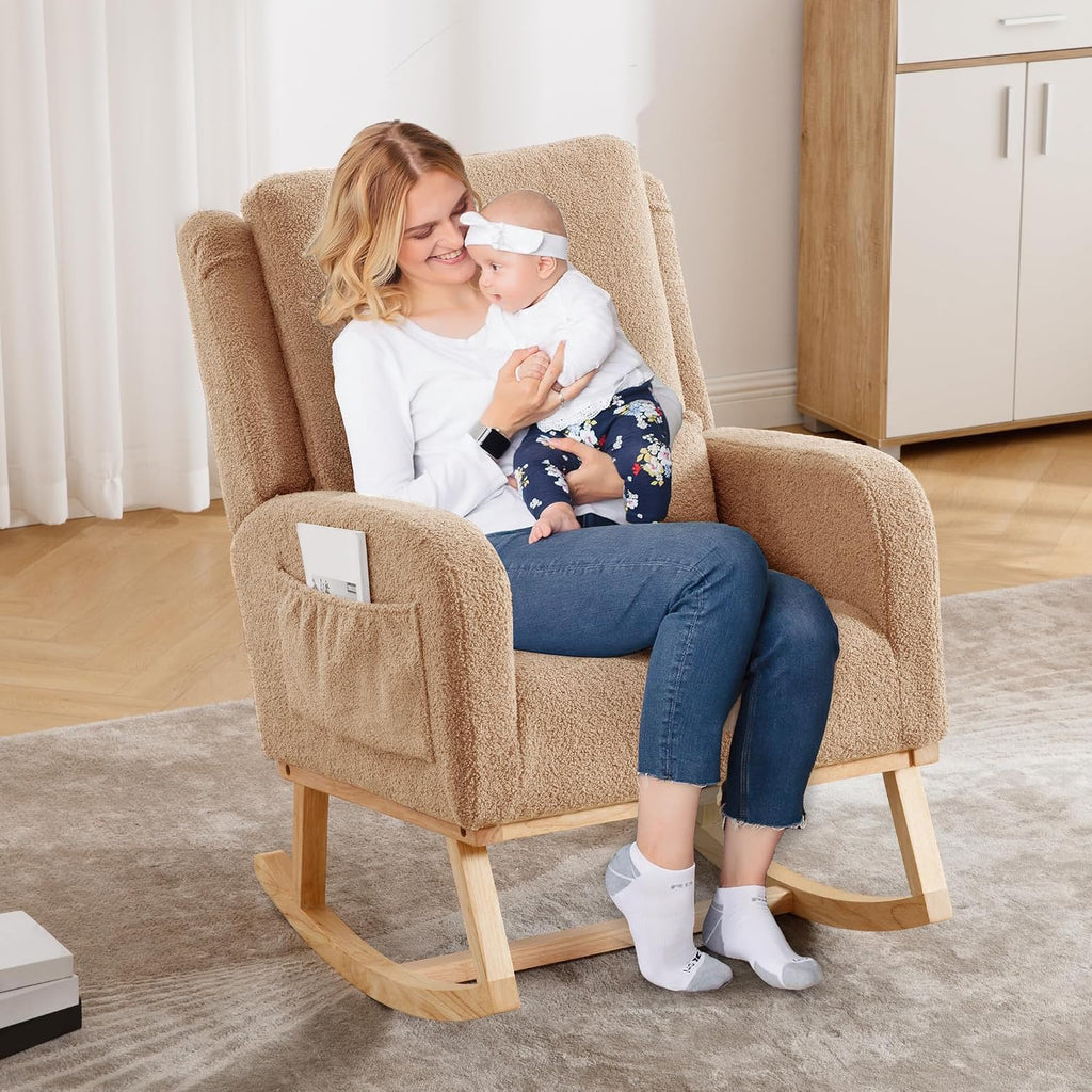 HCHAIRH Rocking Chair Nursery, Boucle Nursing Rocking Chairs, Upholstered Nursery Glider Rocker Wingback Morden Rocking Chair with Lumbar Pillow for Mom Nursery, Living Room, Bedroom, Teddy Khaki
