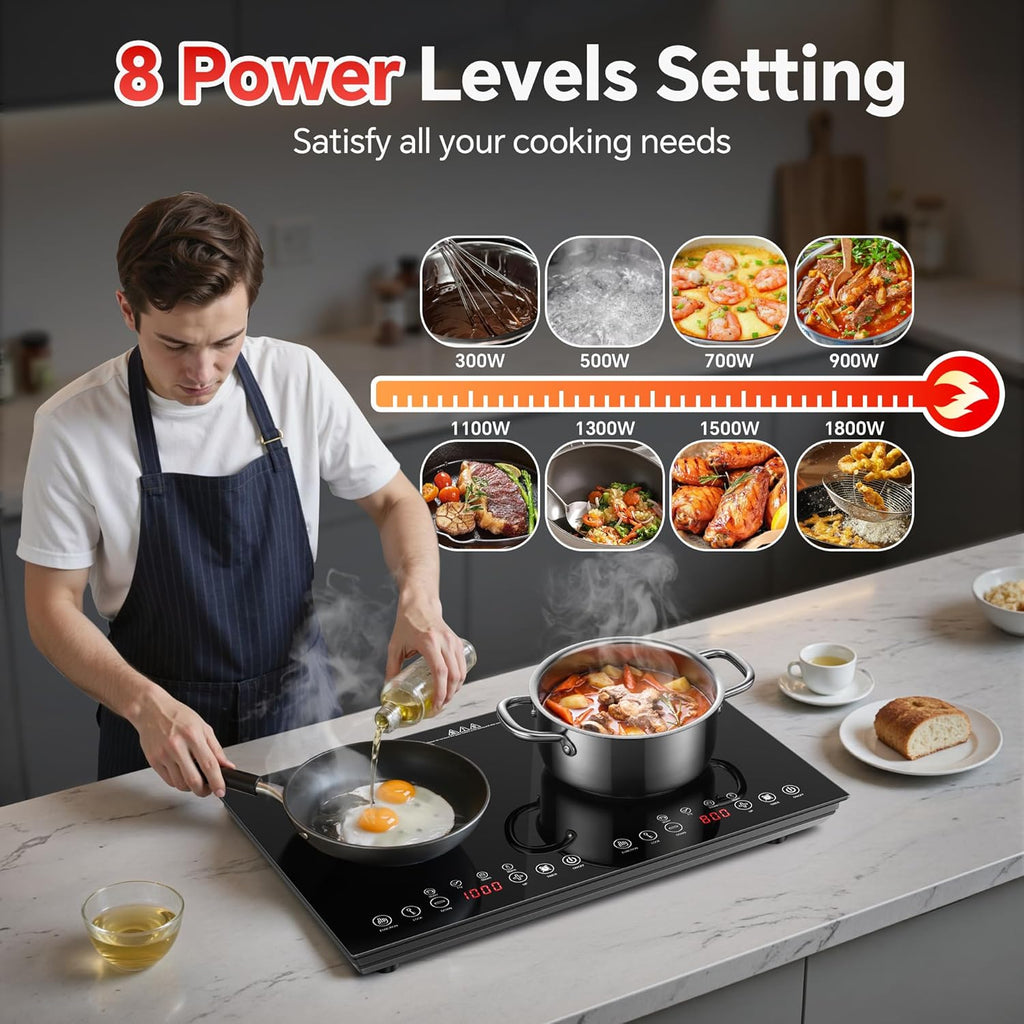 Portable Induction Cooktop 2 Burner - 1800W Double Induction Cooker with 8 Power Settings, 4 Pre-Set Modes, Ultra Thin Design, Sensor Touch Control, Child Safety Lock & Timer | Electric Cooktop