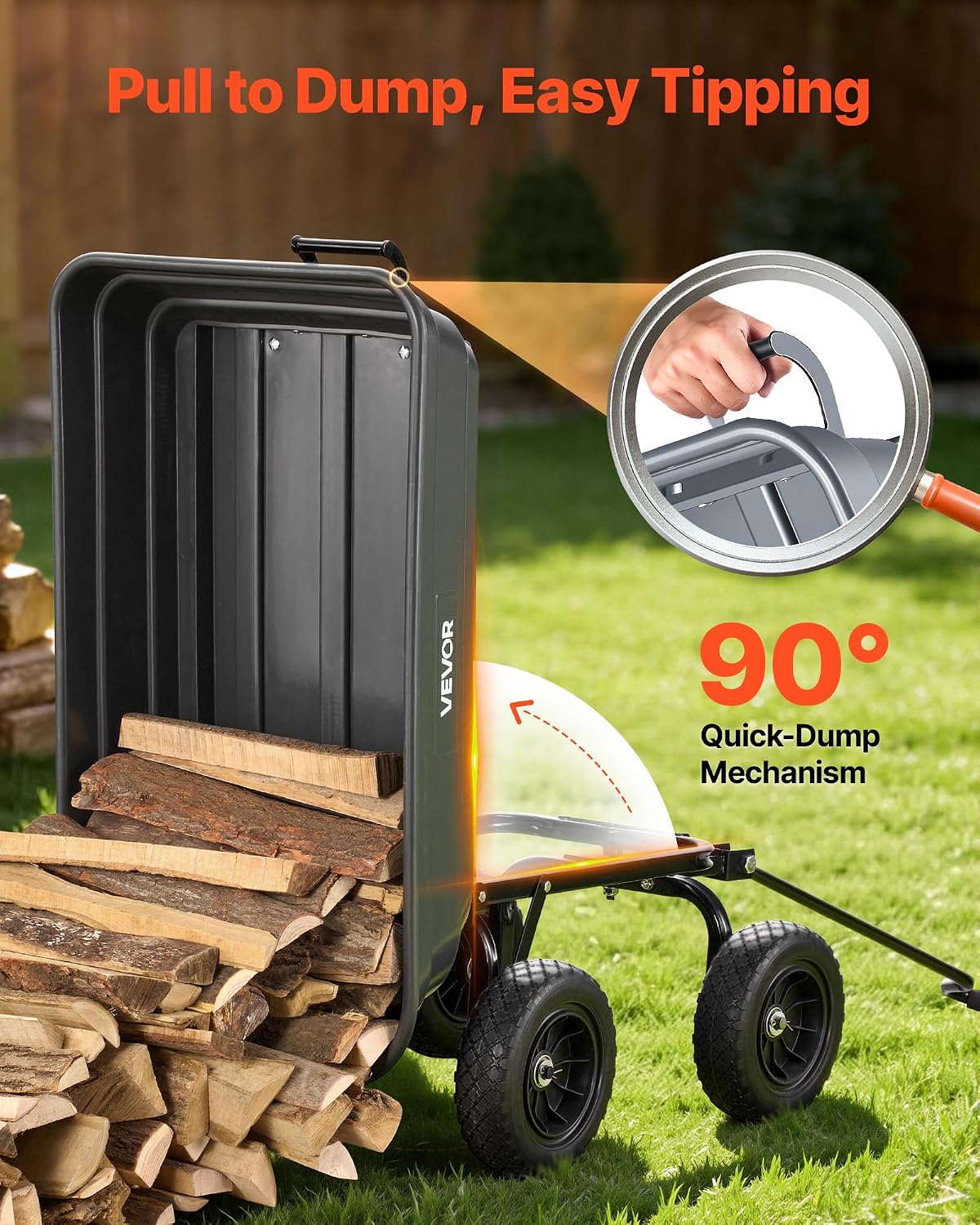 VEVOR 4 Cu.Ft 600LBS Poly Garden Cart Dump Wagon, 4 Wheel Heavy Duty Wheelbarrow with 10' Flat Free Tires, Yard Cart Dump Wagon with Quick-Release System