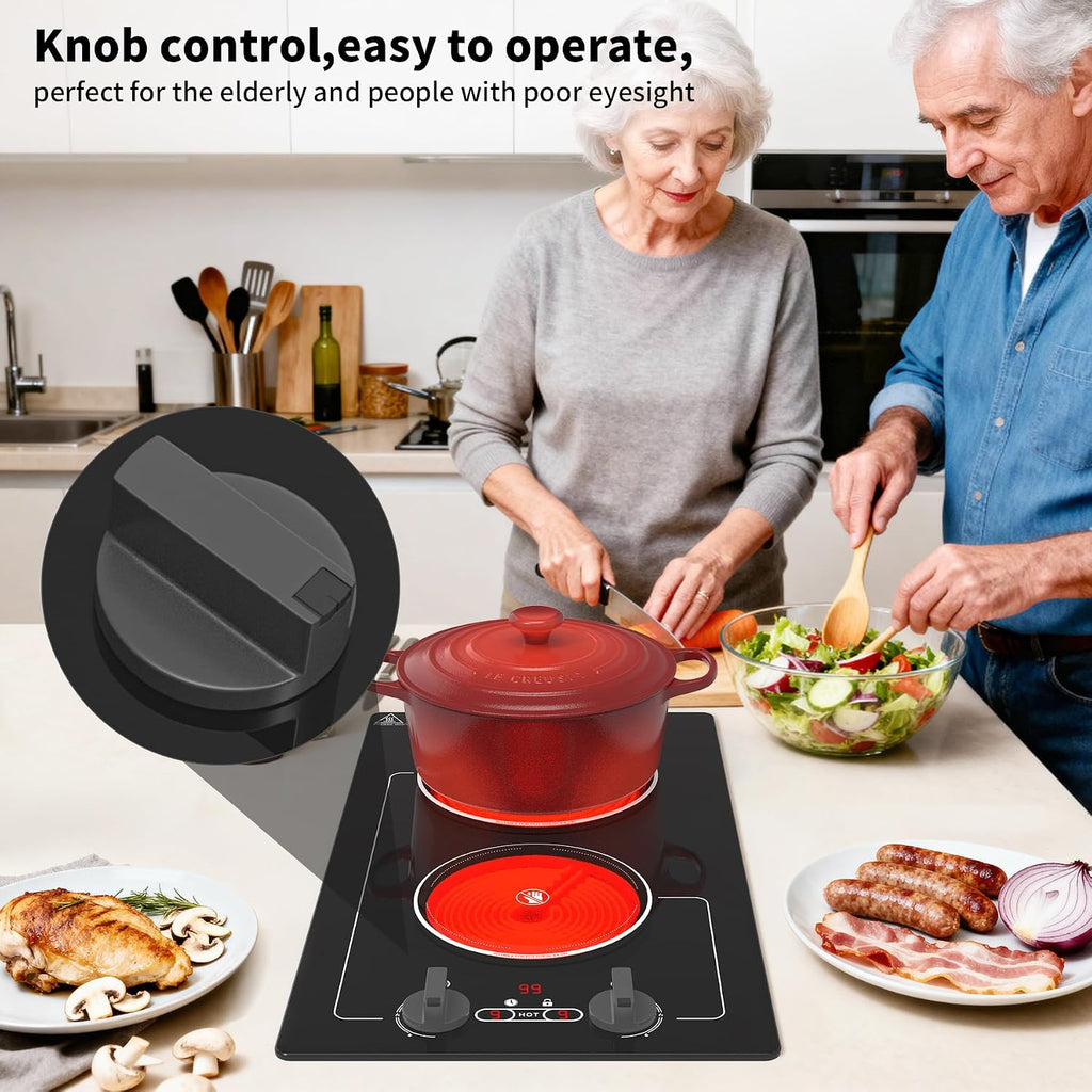 VBGK Electric Cooktop,110V 2100W electric Stove Top with Knob Control,Countertop/Built-in Design with 9 Power Levels,Kids Lock & Timer, Overheat Protection,and touch control 2 burner electric Cooktop.