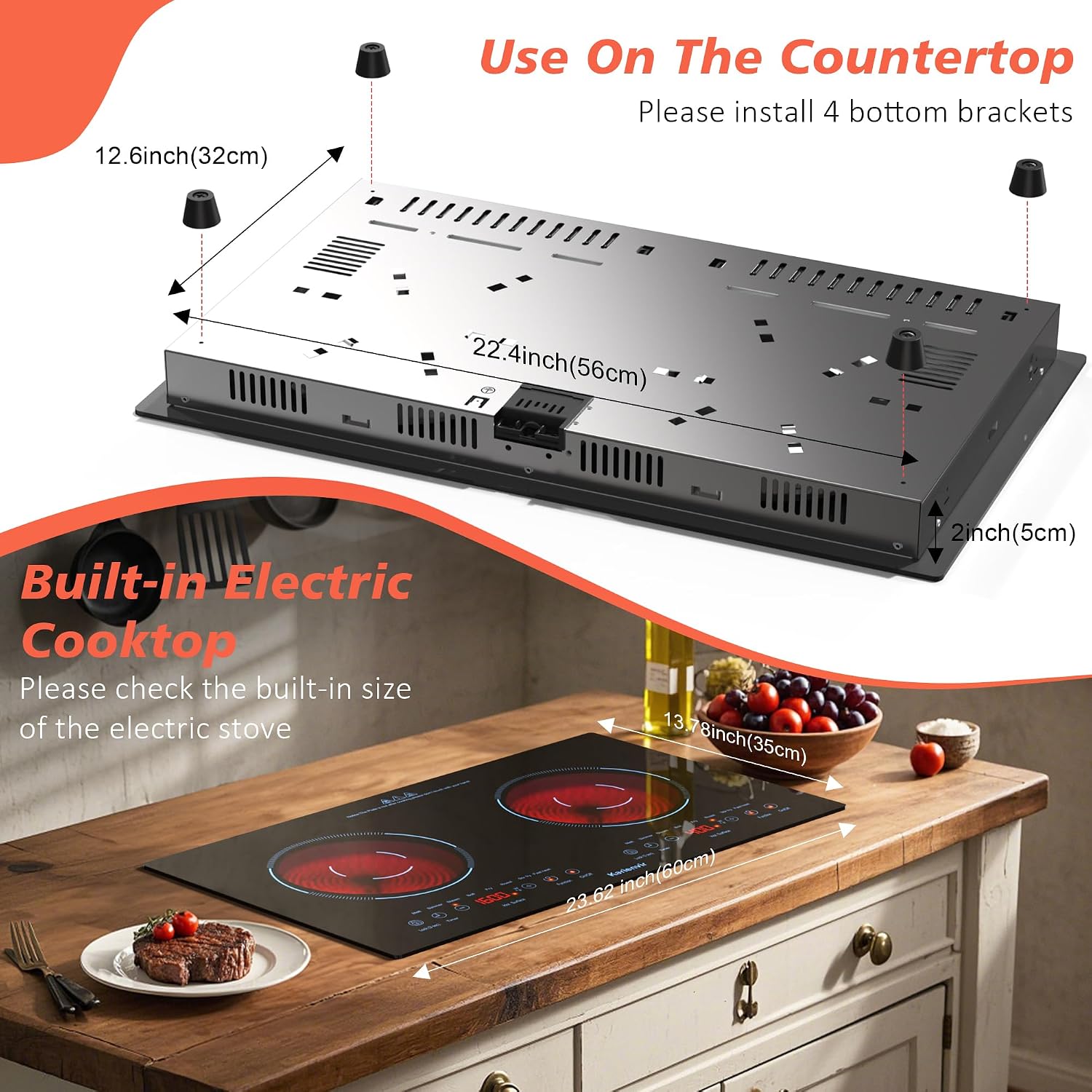 2 Burner Electric Cooktop 110v, 24 Inch Electric Stove Countertop & Built-in, Plug-in Electrics Cooktop, 8 Power Levels & 8 Functions, Touch Control, Safety Lock, Timer, 2000W, Blue