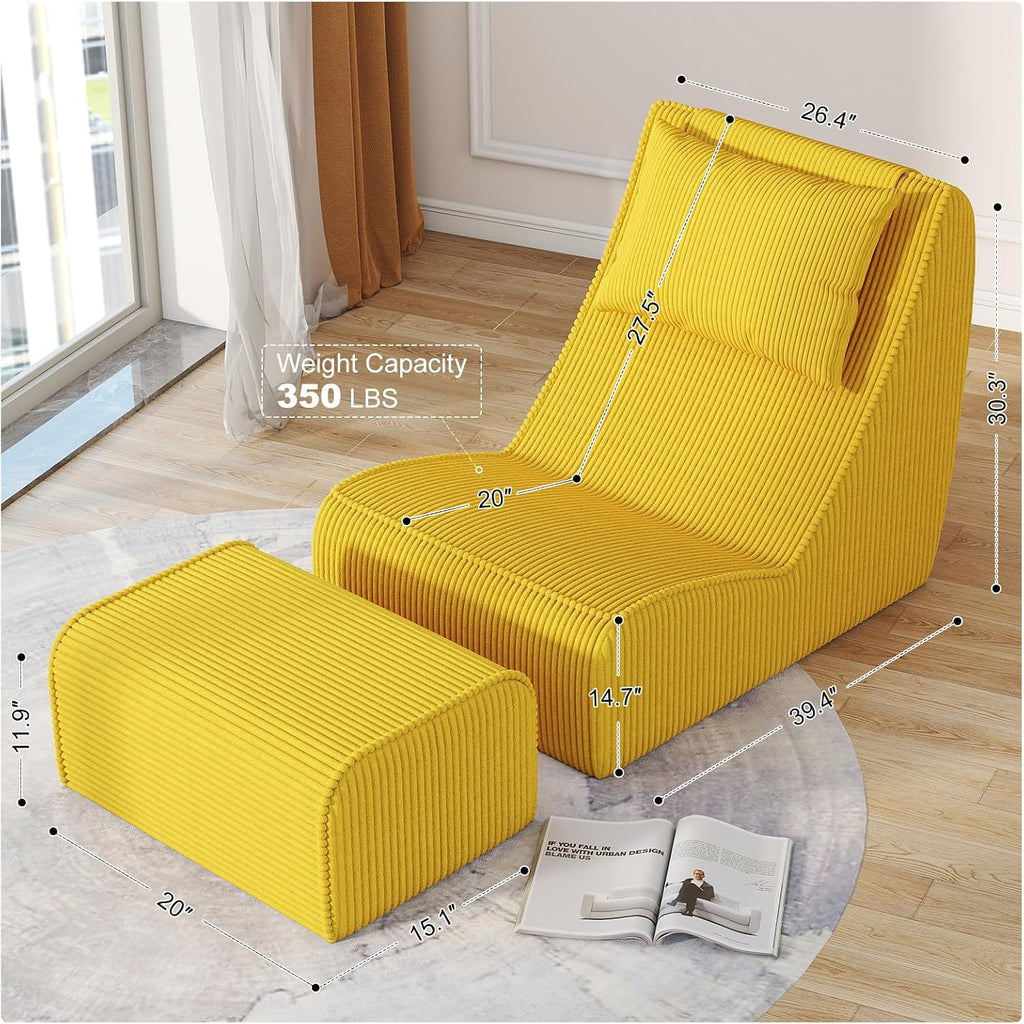 Giant Bean Bag Chair for Adults,Corduroy Chaise Lounge with Unrivaled Back Support, Detachable Neck Pillow, Comfortable Ottoman & Washable Cover for Living Room, Bedroom, Garden (Corn Yellow)