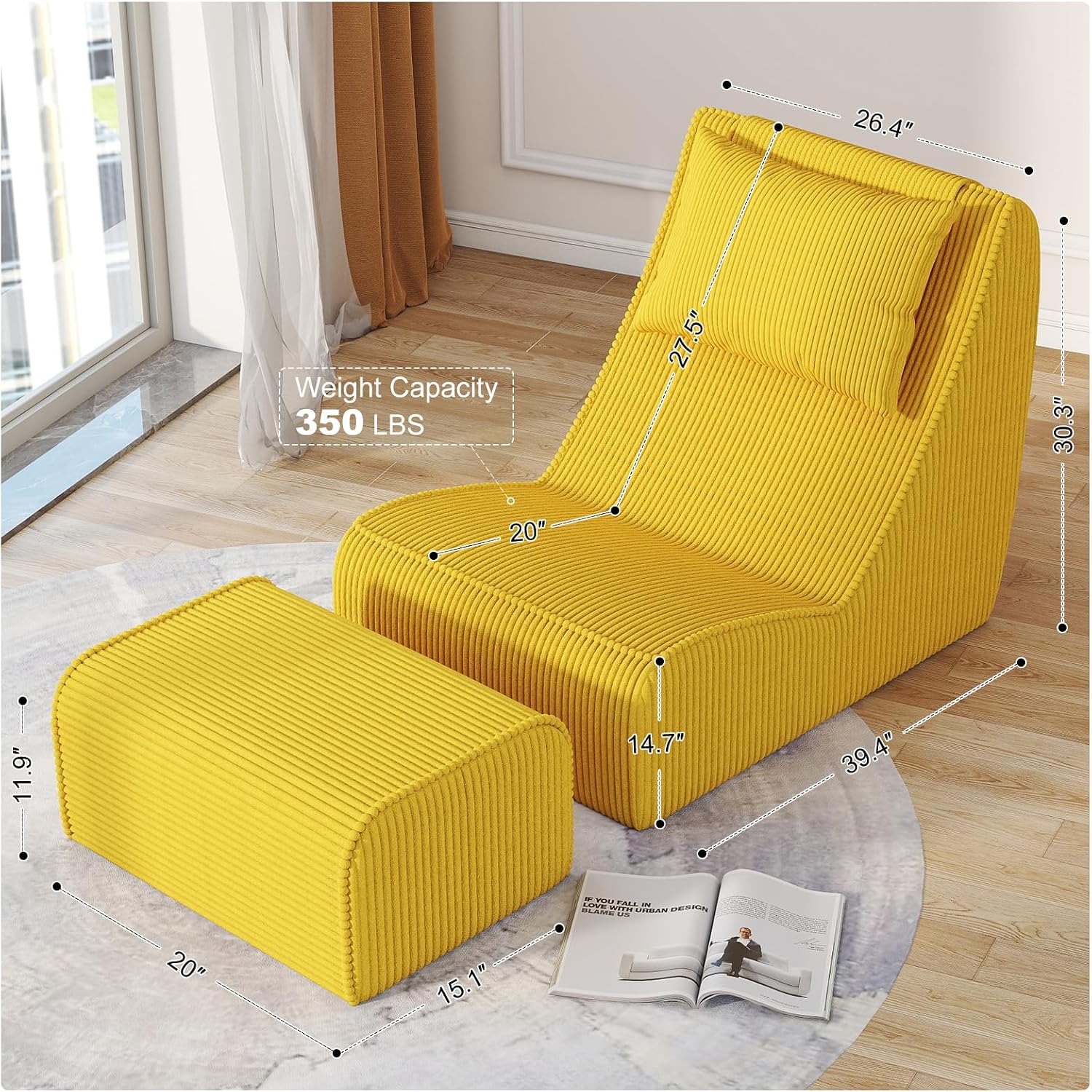 Giant Bean Bag Chair for Adults,Corduroy Chaise Lounge with Unrivaled Back Support, Detachable Neck Pillow, Comfortable Ottoman & Washable Cover for Living Room, Bedroom, Garden (Corn Yellow)