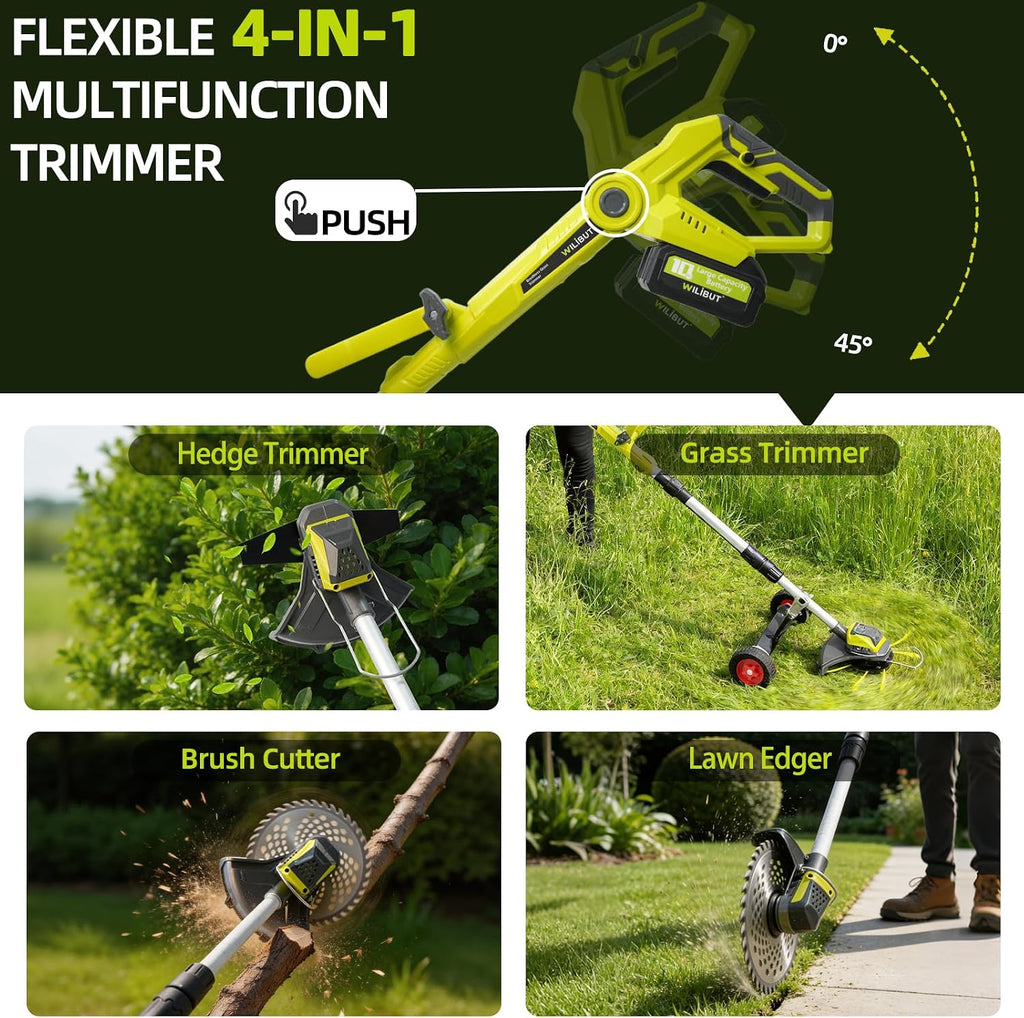 3-in-1 Cordless Weed Wacker with Wheels, 12-Inch Weed Eater Battery Powered Brush Cutter, 2x4.0Ah Batteries, LCD Display, Grass Trimmer Stringless Weed Trimmer Lawn Mower Edger