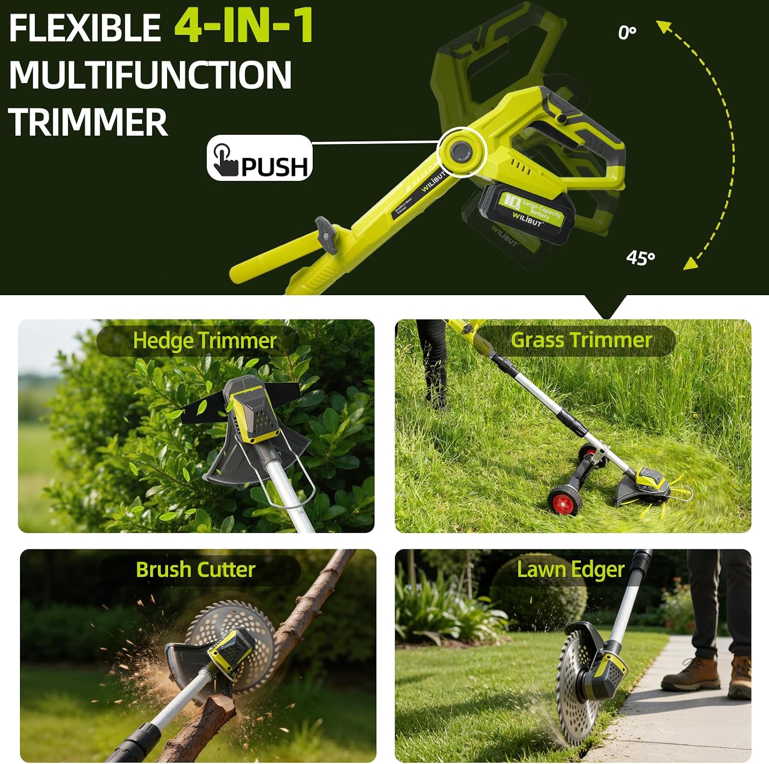 3-in-1 Cordless Weed Wacker with Wheels, 12-Inch Weed Eater Battery Powered Brush Cutter, 2x4.0Ah Batteries, LCD Display, Grass Trimmer Stringless Weed Trimmer Lawn Mower Edger
