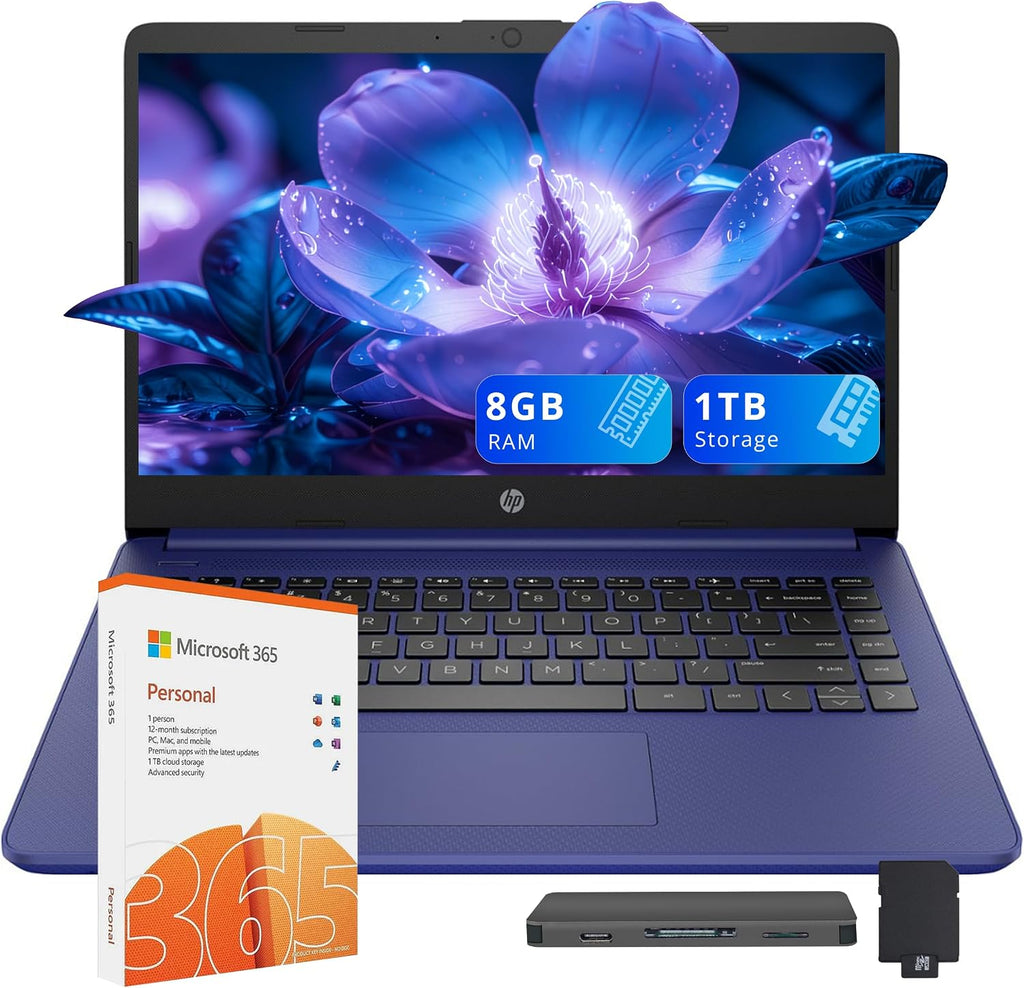 HP Stream 14″ HD Busines Laptops, Intel Celeron Processor, 8GB RAM, 1TB Storage (64GB eMMC + 1TB Docking Station Set), Intel UHD Graphics, 720p Webcam, WiFi, HDMI, Win 11, Blue
