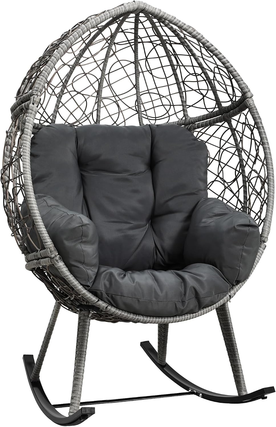 DWVO Wicker Rocking Egg Chair, Oversized Indoor Outdoor Rattan Rocking Chair, Indoor Outdoor Lounger for Patio, Backyard, Living Room, Gray