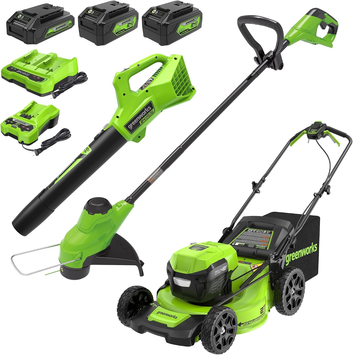 Greenworks 48V (24V x 2) High - Performance Cordless Yard Tool Combo: 21' self propelled lawn mower, 12' Trimmer & Blower, with 3 Batteries & 2 Chargers