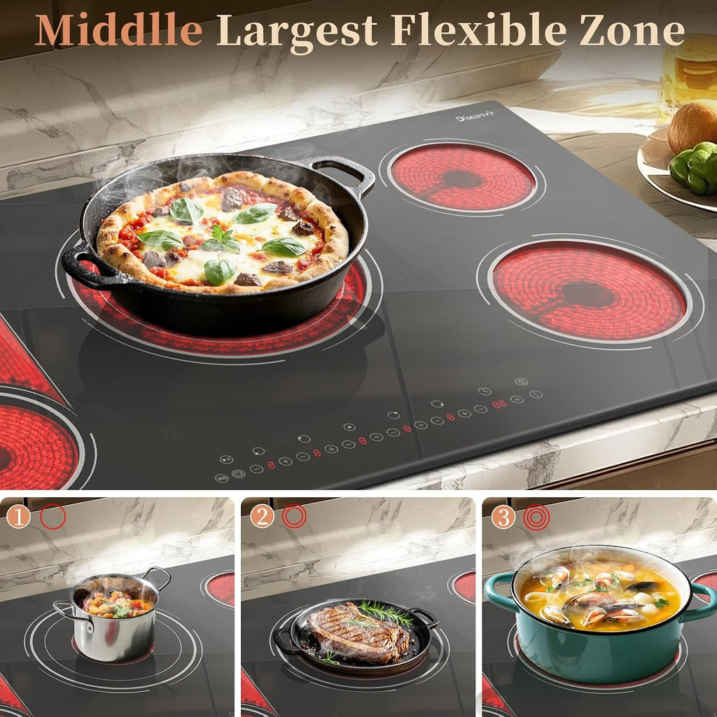 Electric Cooktop 36 Inch - 5 Burner Electric Stove Top Powerful 9600W, 36 Inches Built-in(34.25'x19.3') Ceramic Stove with Large 3900W Flexible Zone, Timer, Safety Lock, 220V Hard Wired