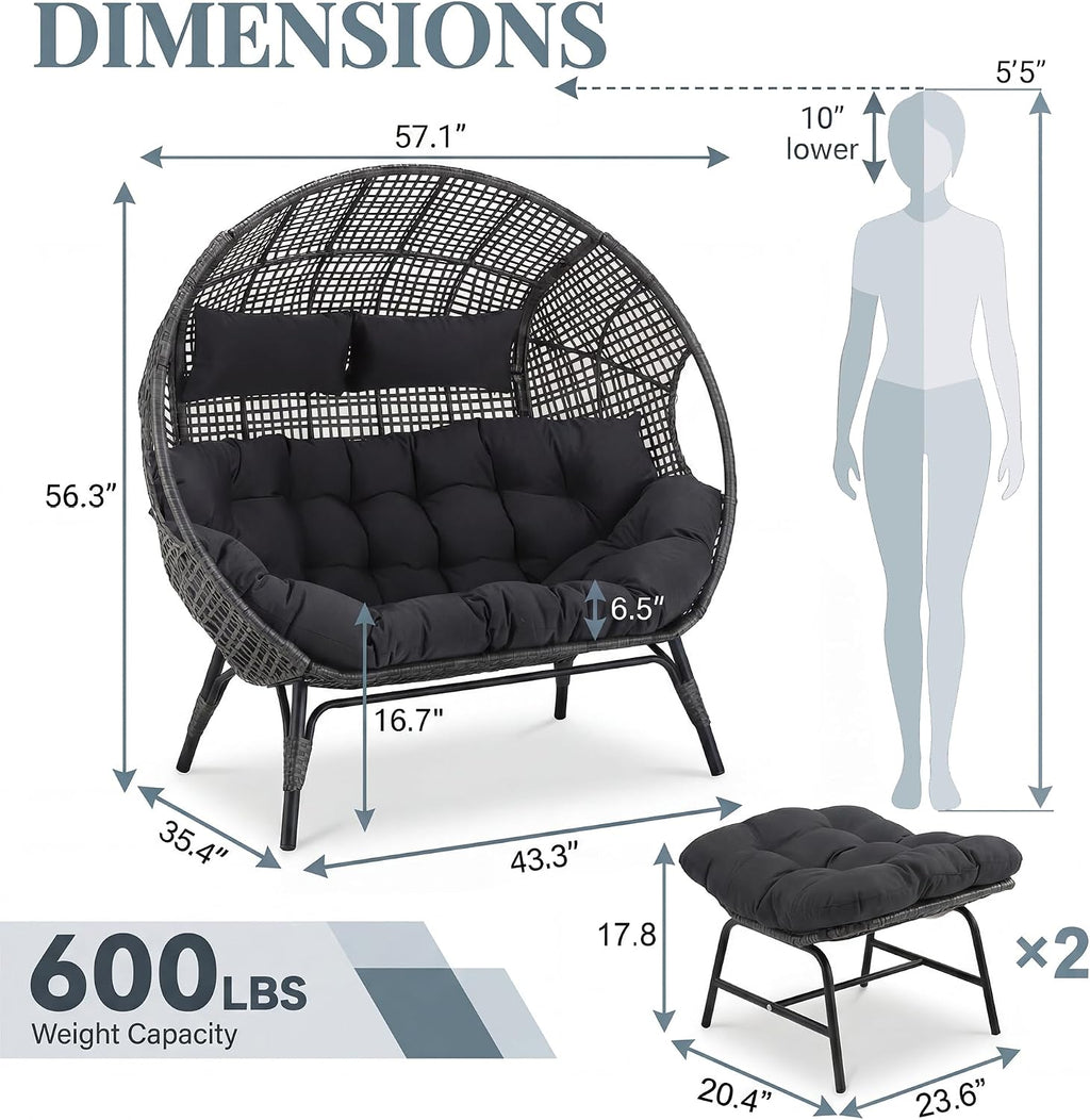 NICESOUL Stationary Egg Chair Indoor Outdoor Wicker Oversized Thick Cushions Egg Shaped Loveseat Chair, Egg Basket Lounge Chair with Ottoman Footrest for Patio Balcony Porch Bedroom Gray