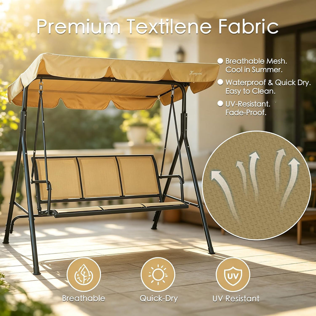 Kozyard 3-Person Outdoor Canopy Porch Swing Chair, Breathable Textilene Armrest Seat, Adjustable Shade, Heavy-Duty Powder-Coated Steel Frame Swing for Patio, Backyard, Poolside & Balcony, Beige