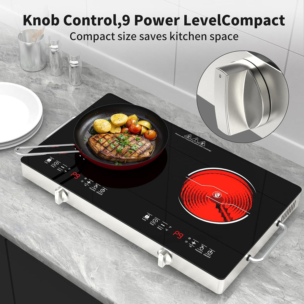 GIHETKUT Electric Cooktop,110V 2400W Stove top, Countertop Cooktop with 9 Power Levels, LED Display,Child Safety Lock, Timer,Knob and Touch Control 2 burner Electric cooktop