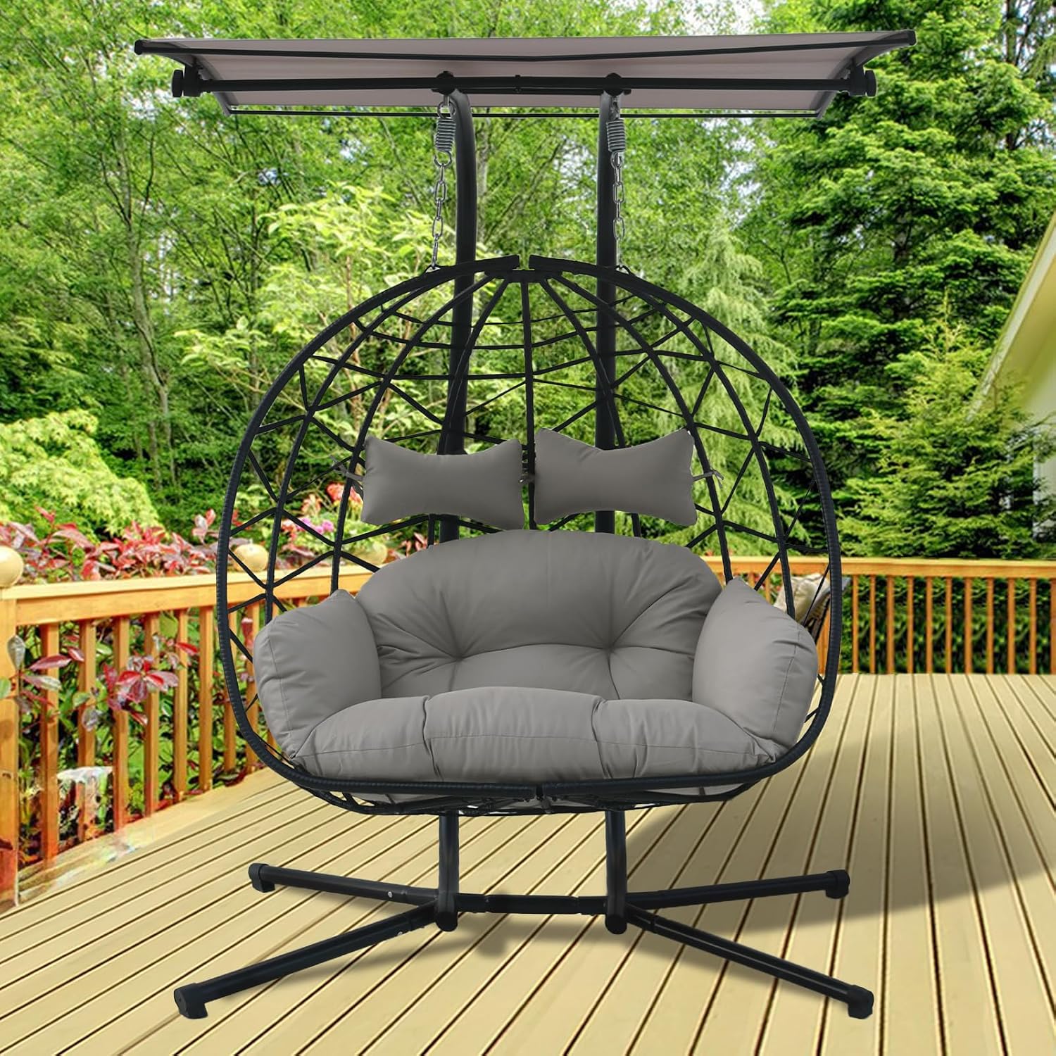 2 Person Hanging Egg Chair with Canopy, Outdoor Rattan Swing Hammock Basket Chair with Soft Cushion, Wicker Egg Chair for Outdoor Patio, Balcony, Garden (Grey)