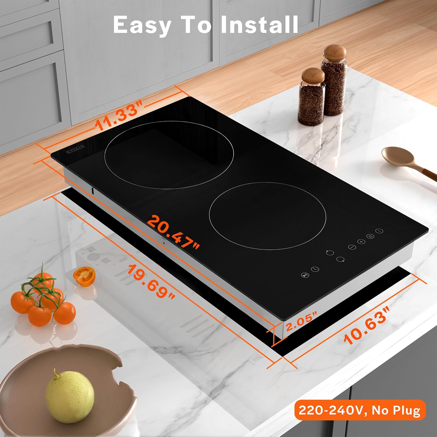 Empava 3000W Electric Cooktop 2 Burner, Built in Infrared Electrical Stove Top for Kitchen, 208~240V Hard Wired, No Plug, ETL Certified, Black
