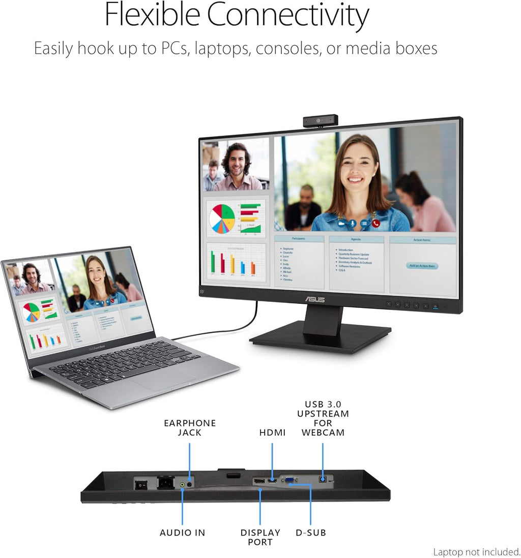 ASUS BE24EQK 24' Business Monitor with 1080P Full HD IPS, Eye Care, DisplayPort HDMI, Frameless, Built-in Adjustable 2MP Webcam, Mic Array, Stereo Speaker, Video Conference,Black