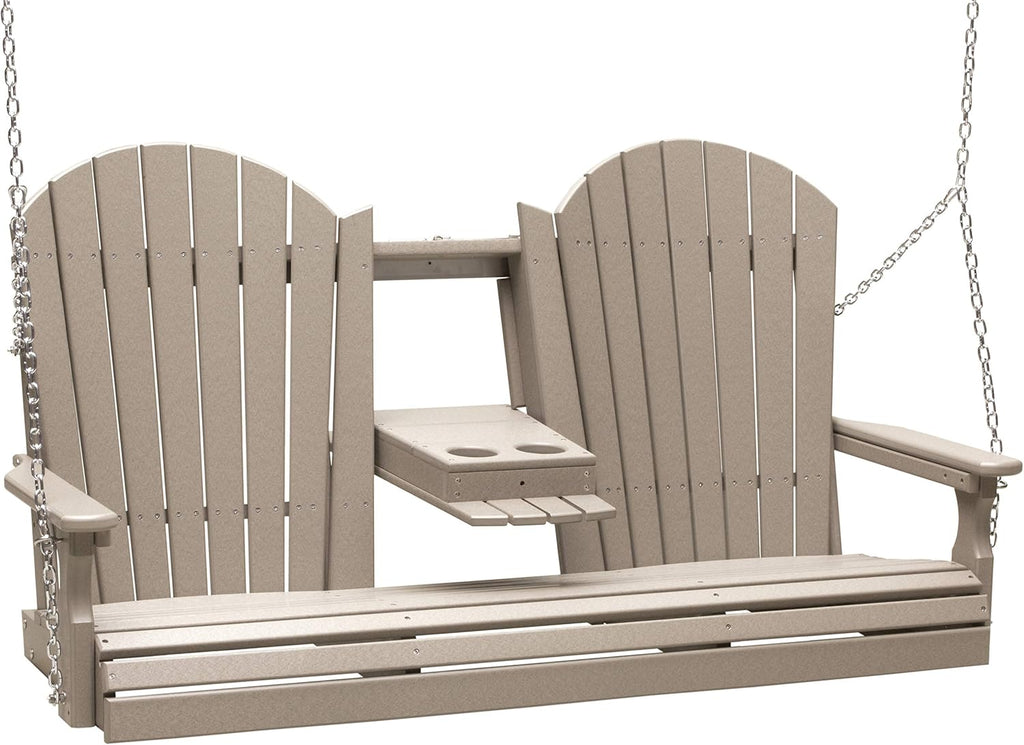 LuxCraft 5' Adirondack Hanging Porch Swing with Flip Down Console, Outdoor Patio Swing, Front Porch Swing, Outdoor Swing Bench (Weatherwood)