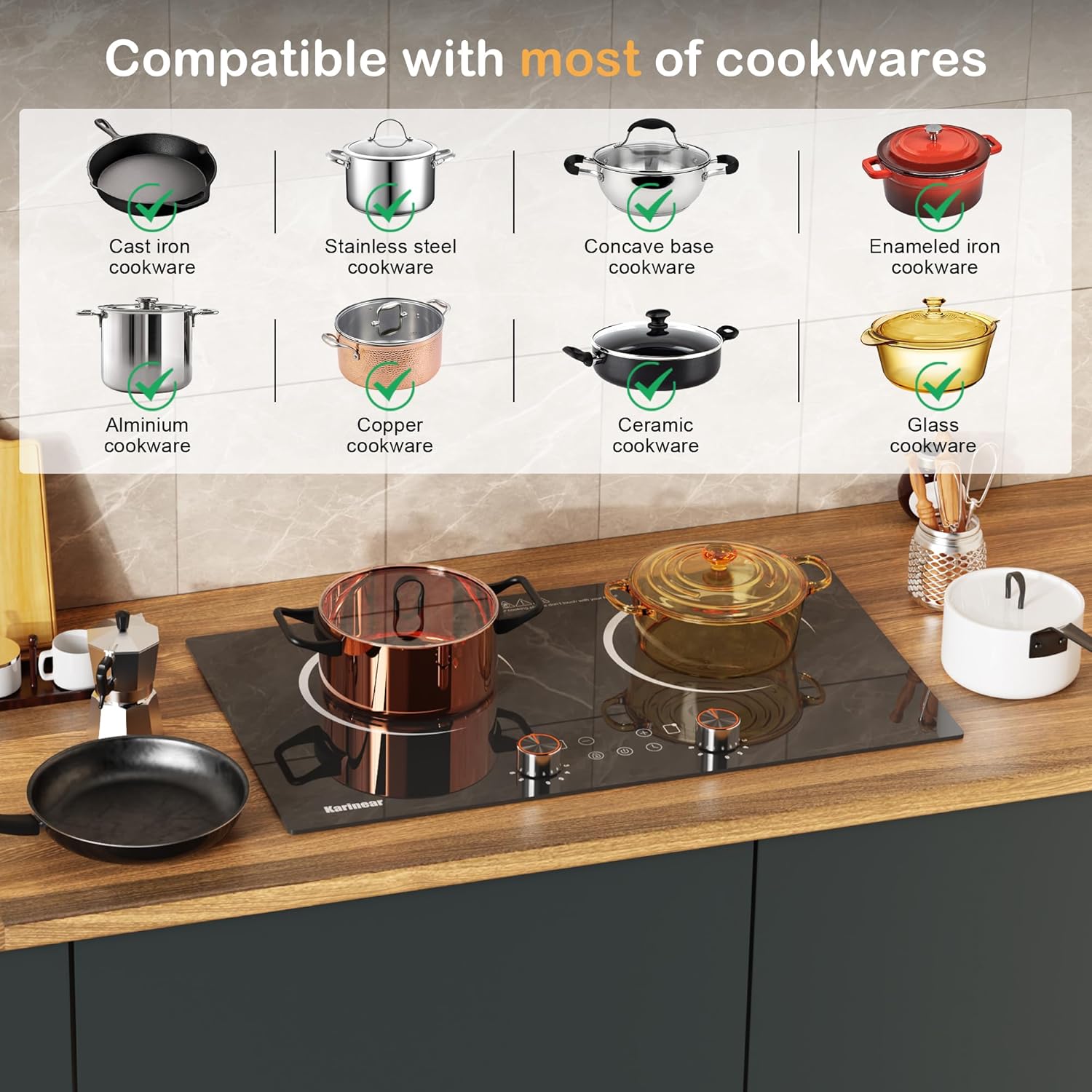 Karinear Electric Cooktop 2 Burner, 110V Electri Stove Top, 2000W Knob Control & Sensor Touch Electric Hot Plate for Countertop or Built-in Install, Timer, Safety Lock, 9 Power Level, 24 Inch
