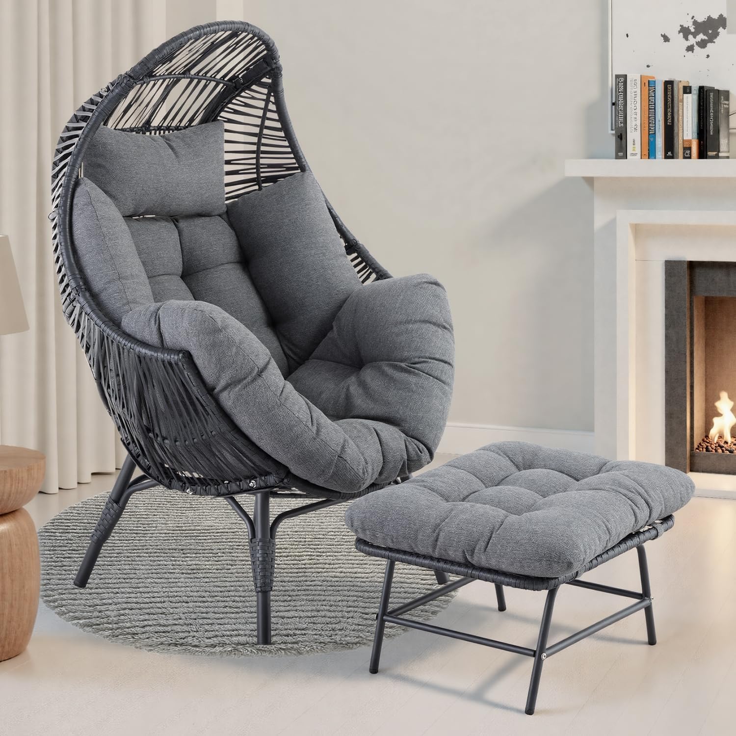 IRONCK Wicker Outdoor Egg Chair with Ottoman, Patio Lounge Chair with Footrest, Thickened Padded Cushion and Headrest, Egg Seat for Patio, Living Room, Garden, Balcony, Dark Gray