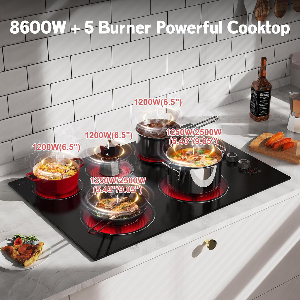 30 Inch Electric Cooktop 5 Burner Karienvir, 8600W Built-in Electric Stove Top, Cooktop 30' with Double-ring Burner, Knob & Touch Control, 9 Power Levels, Timer, Safety Lock, 220V-240V Hard Wire