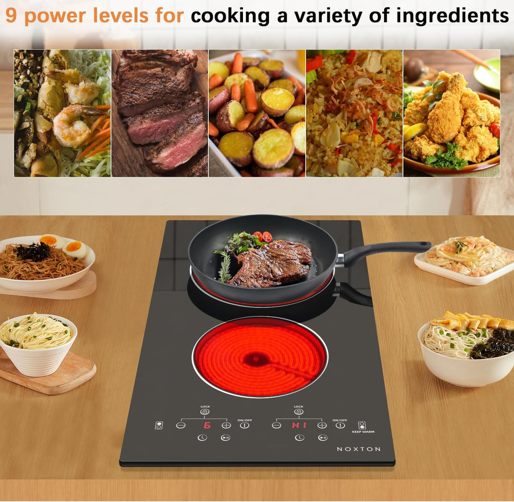 Noxton 110V Electric Cooktop 2 Burners, 12 Inch Electric Stove,Counter top Burner & Built-in Ceramic Stovetop, Sensor Touch Control Timer, Child Safety Lock, High Temperature Warning