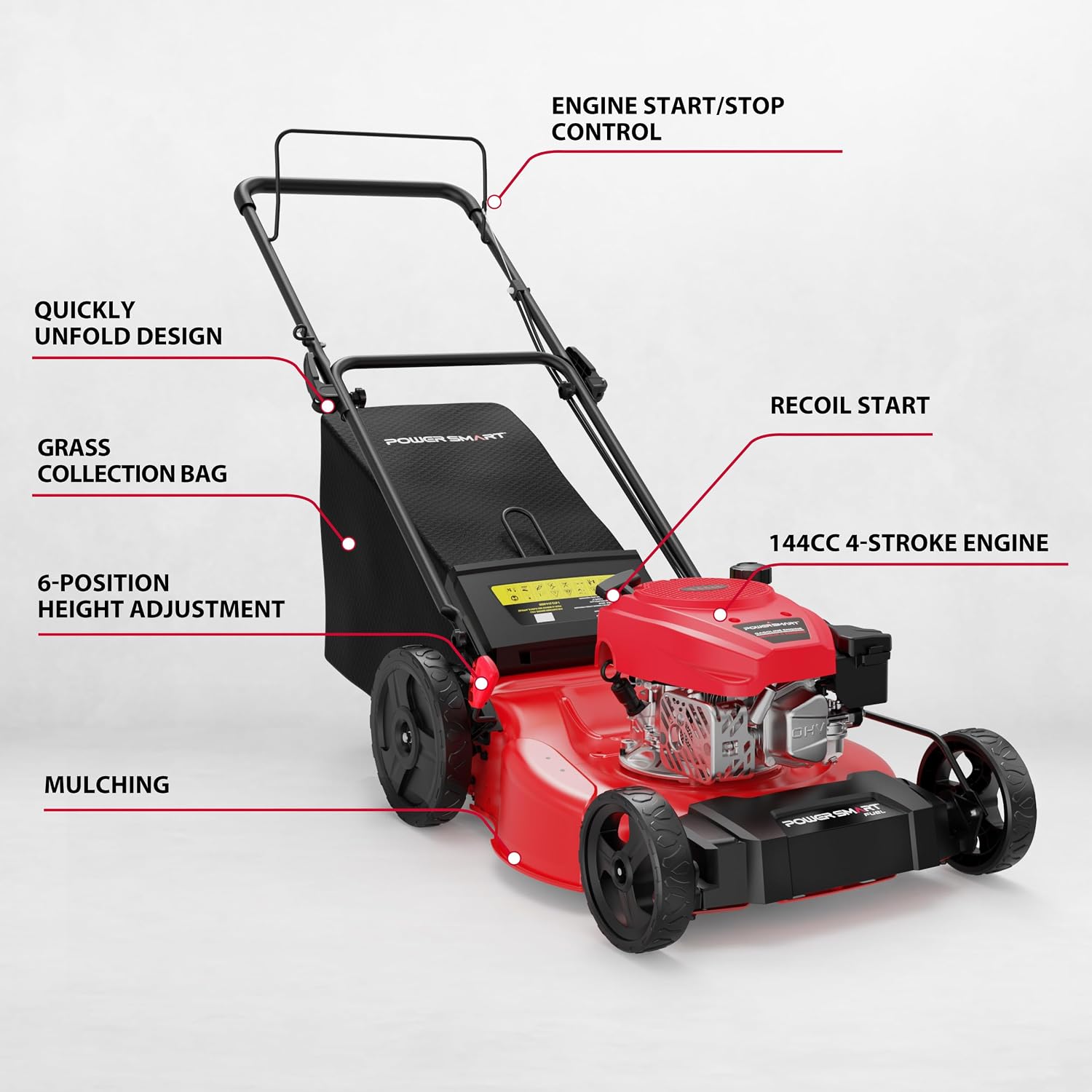 PowerSmart 21-Inch Gas Push Lawn Mower with B&S Engine, 3-in-1 (Bag/Mulch/Rear Discharge),6 Cutting Heights, Durable Steel Deck, Rear-Wheel Drive