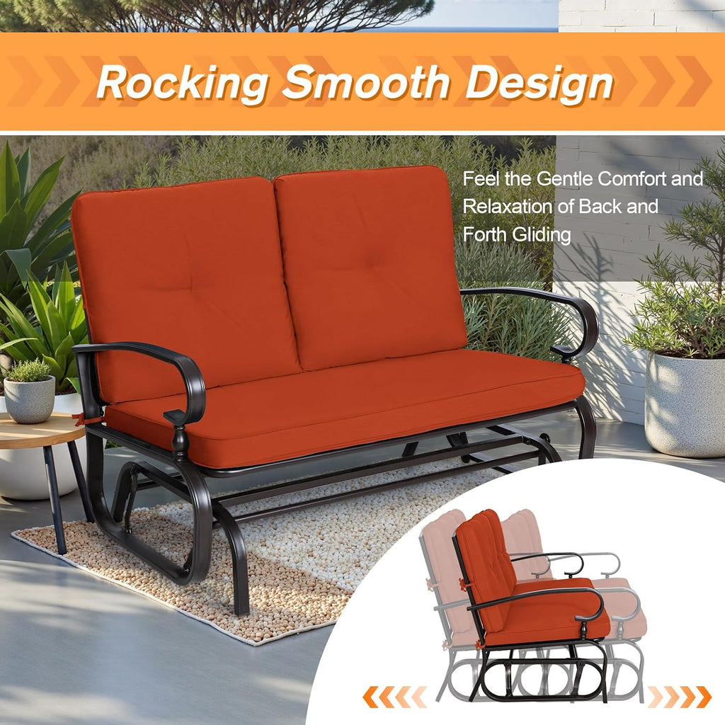 Incbruce Outdoor Glider Rocking Chair Patio Glider Bench for 2 Person, Porch Loveseat Seating Patio Steel Frame Chair Set with Cushion for Porch, Patio, Garden (Red)