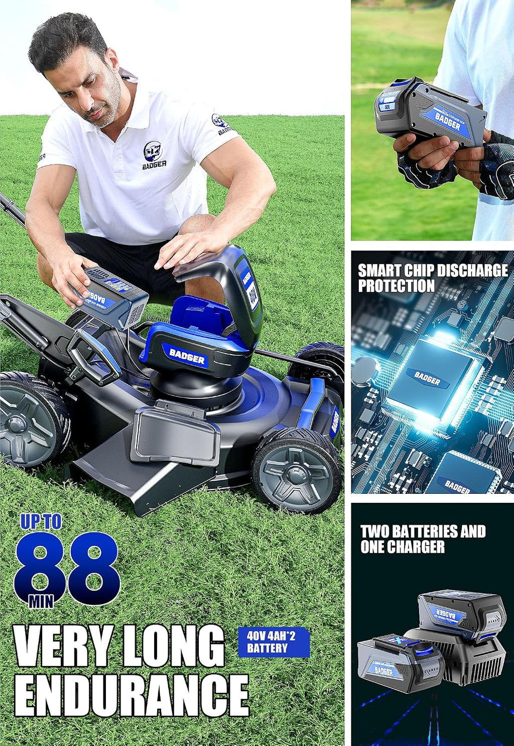 Wild Badger Power 40V 21″ Cordless Lawn Mower Brushless, 6,534 sq ft/0.15 ac, 2×4.0Ah Batteries & Fast Charger, 7-Position Heights,for Medium-to-Large Lawns