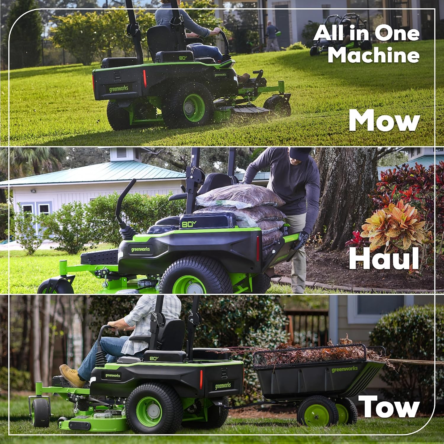 Greenworks 80V 60' Riding Lawn Mower (5.12 Acre, 41 HP Gas Equivalent, 4 MPH, Rear Dump Bed), (2) 16.0Ah + (4) 8.0Ah Batteries (5,120 Wh Max) + Turbo Wall Charger