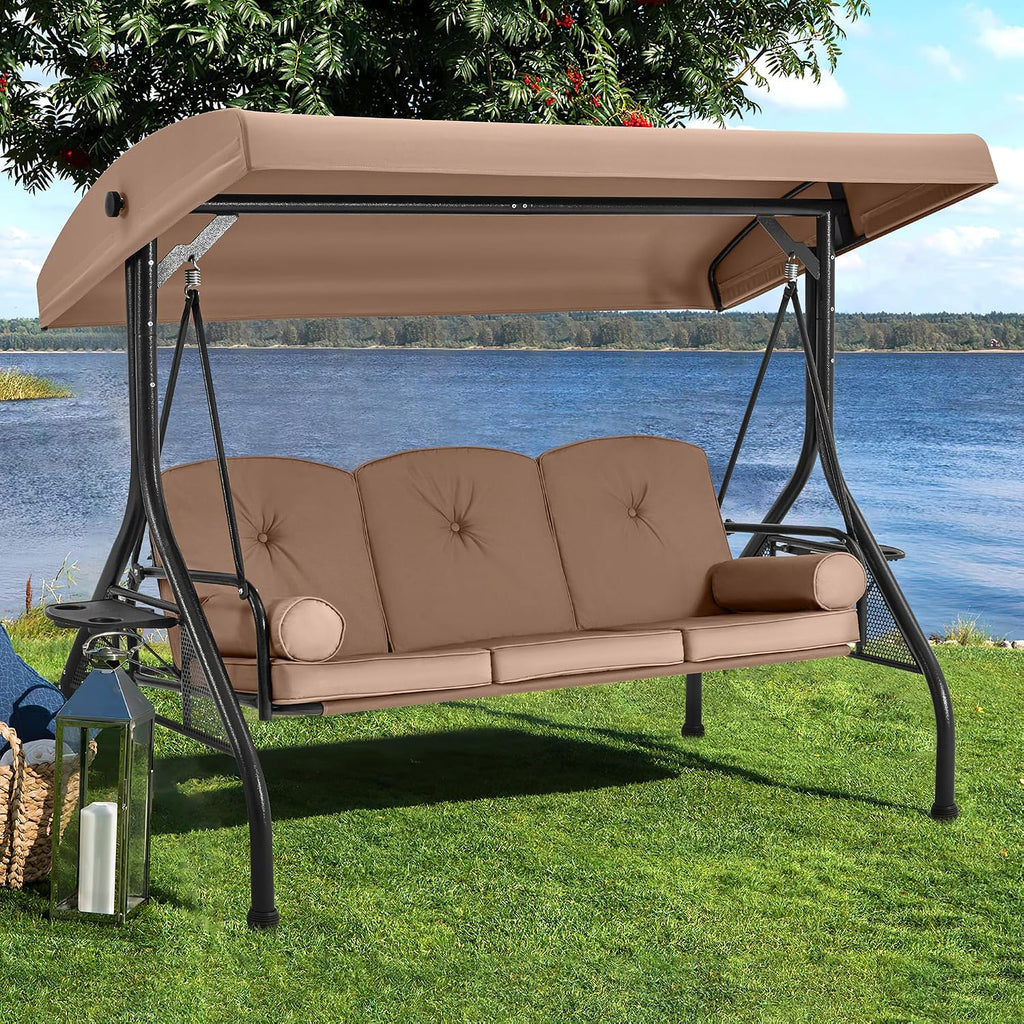 HOMREST 3 Seat Outdoor Porch Swing with Adjustable Canopy, Convertible Patio Swing Bed with Stand, Patio Glider Swing with Upgraded Cup Holder, Thicken Cushions ＆ Pillow for Backyard(Brown)