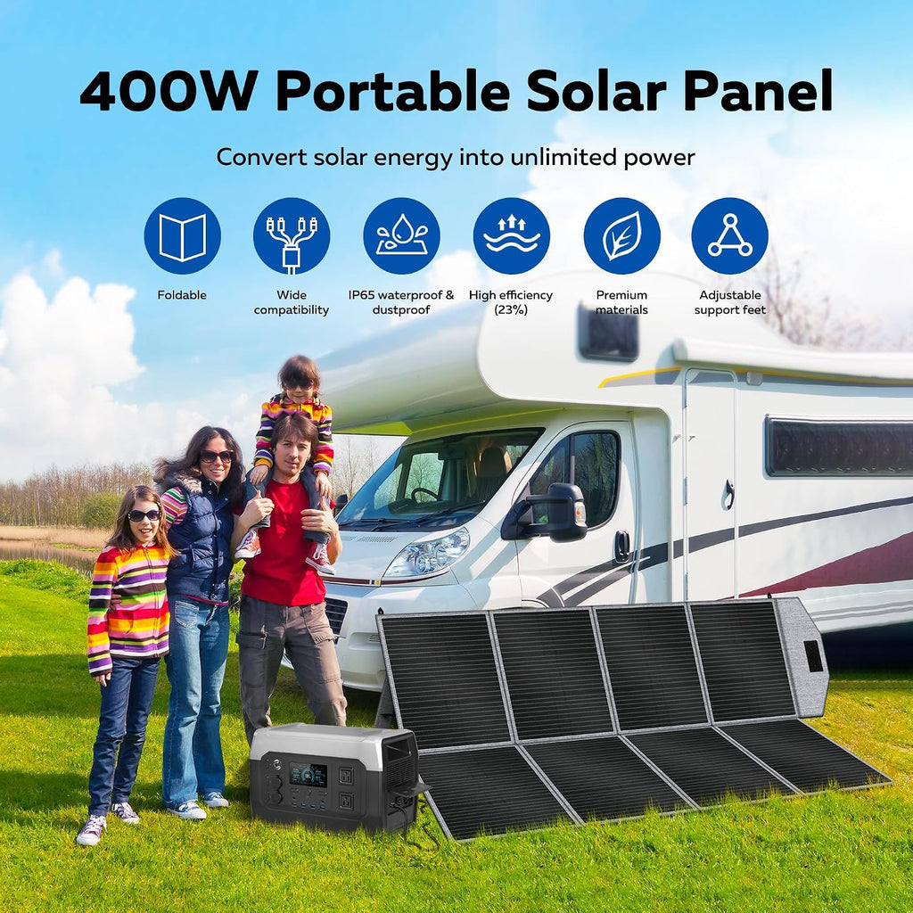 400W Portable Solar Panel, Camping Essentials Foldable Solar Panels Charger with Adjustable Kickstand IP65 Waterproof for Power Station Outdoor RV Camer Off Grid Hiking Emergency Power Backup