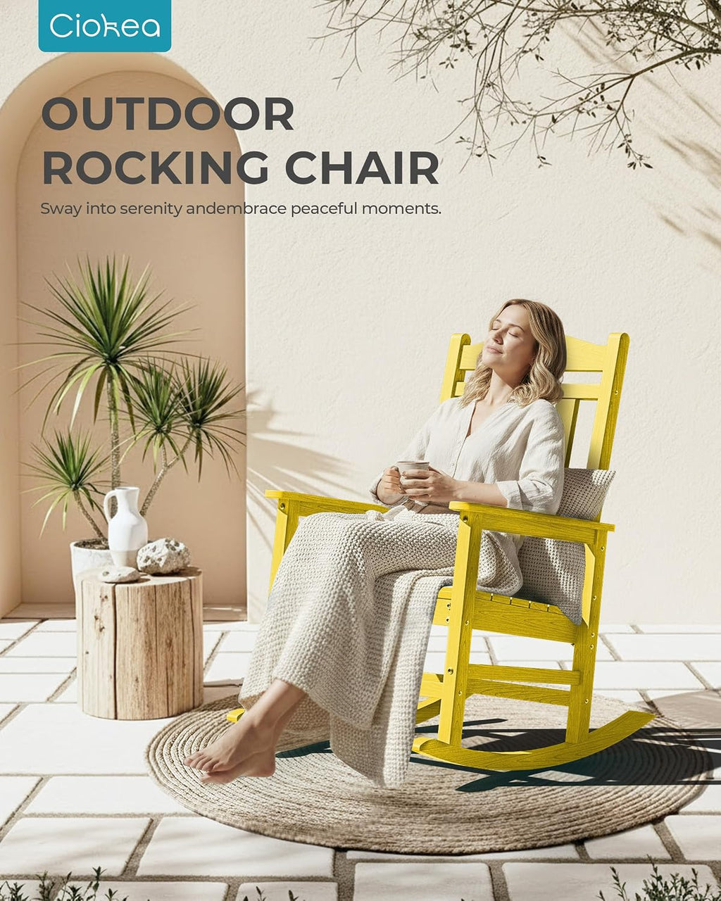 Ciokea Oversized Outdoor Rocking Chairs Set of 2, 380lbs Heavy-Duty Large Patio Rocker, High Back Cozy Porch Chairs, Weather Resistant Patio Rocking Chairs for Outside, Fire Pit, Deck, Citron Yellow