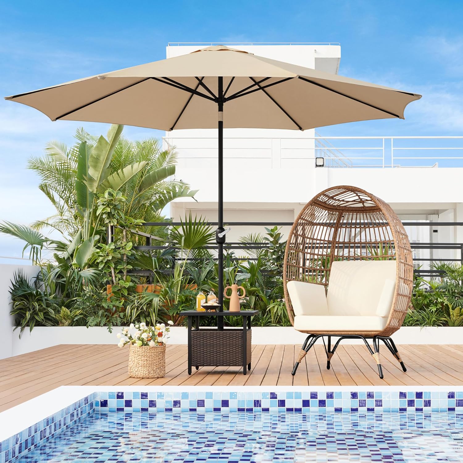 Yaheetech Egg Rattan Chair, Oversized Indoor/Outdoor Egg-Shaped PE Basket Lounger with 4 Cushions, Metal Frame Stand for Patio, Balcony, Backyard, Living Room, Light Brown/Ivory