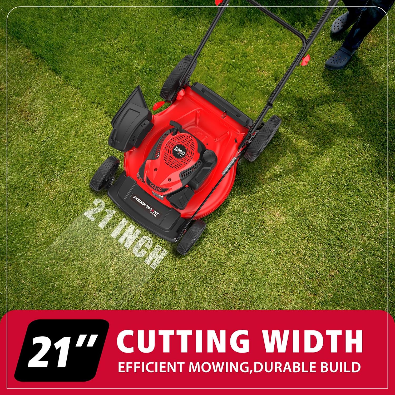 PowerSmart EasyCut 21-Inch Gas Lawn Mower, 144cc 4-Stroke OHV Engine, 2-in-1 Push Mower with Mulching & Side-Discharge