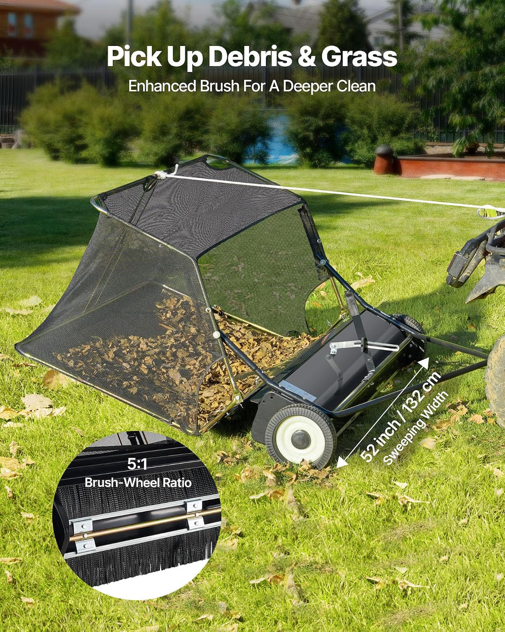 VEVOR 52 in Tow Behind Lawn Sweeper, 26 cu.ft. Large Yard Sweeper, Adjustable Sweeping Height, Heavy Duty Leaf & Grass Collector with Dumping Rope, Pull Behind Sweepers for Debris Grass Clippings