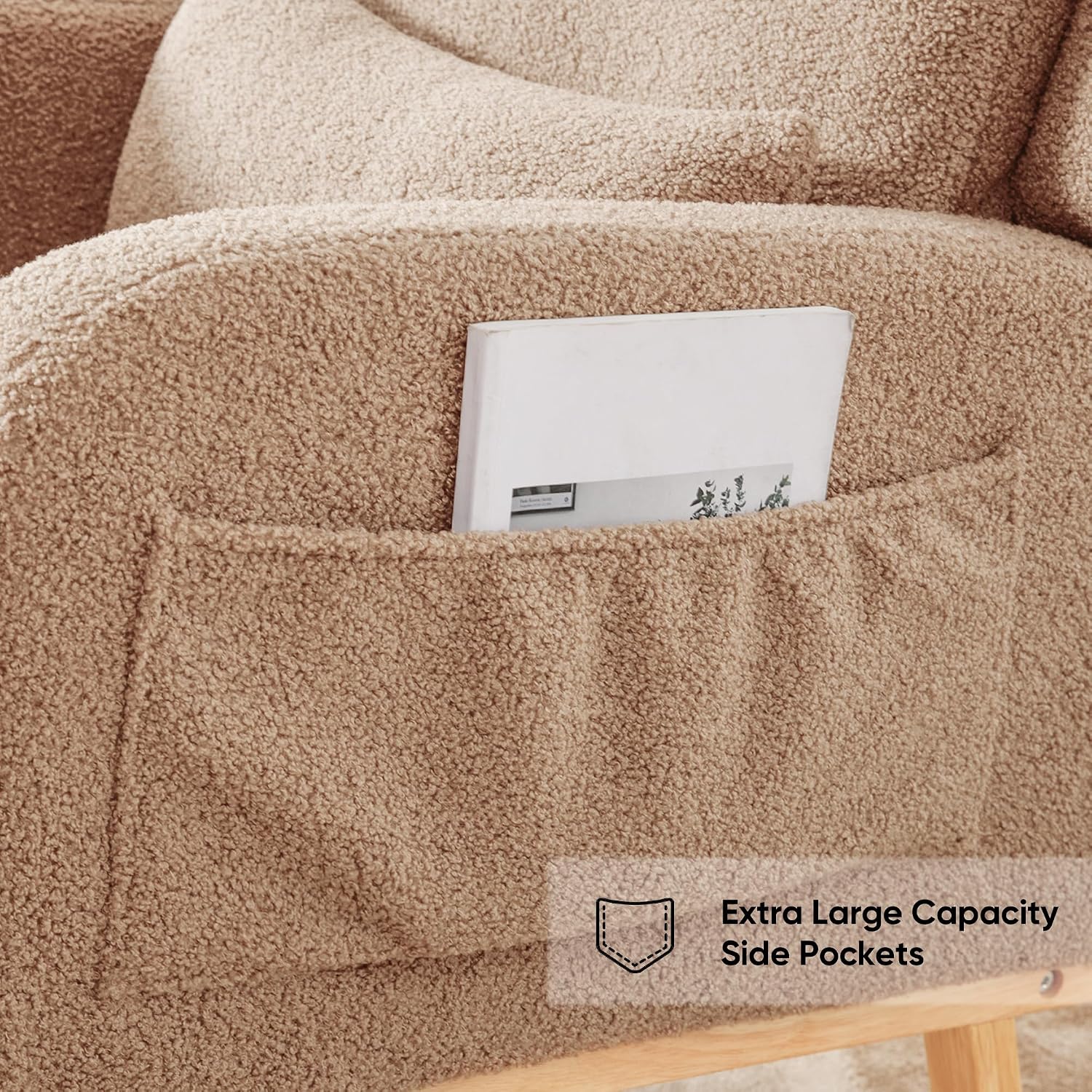 HCHAIRH Rocking Chair Nursery, Boucle Nursing Rocking Chairs, Upholstered Nursery Glider Rocker Wingback Morden Rocking Chair with Lumbar Pillow for Mom Nursery, Living Room, Bedroom, Teddy Khaki