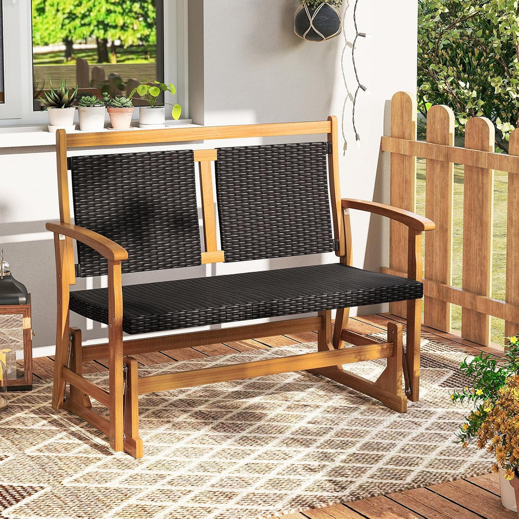 Tangkula Patio Rattan Glider Bench, Swing Gliding Rocker w/Acacia Wood Frame & Wicker Seat Back, Outdoor Rocking Armchair w/Curved Armrests for Porch, Backyard, Poolside (2 Seat)