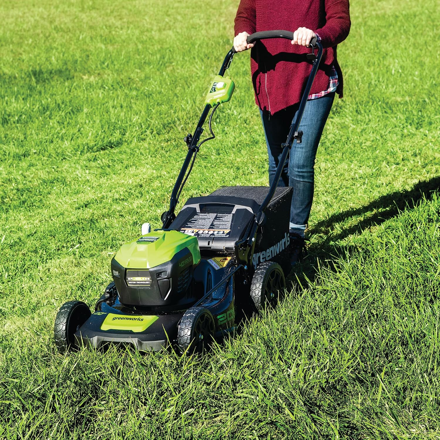 Greenworks 40V 20' Cordless Push Lawn Mower with Axial Leaf Blower(500 CFM / 120 MPH), 12' String Trimmer, 160 PSI Portable Tire Inflator, Includes 2 Batteries(5Ah+2Ah) & Chargers