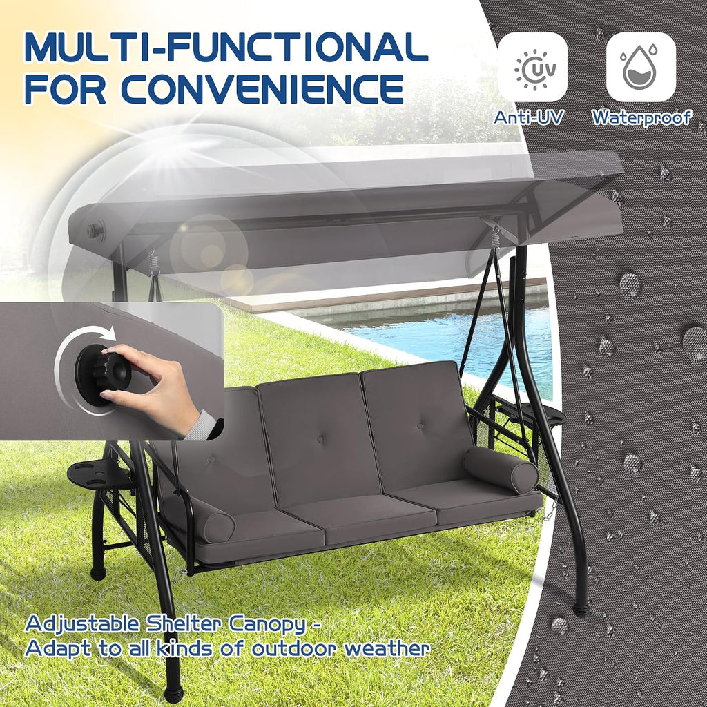Patio Porch Swings with Adjustable Canopy - 3 Seat Outdoor Porch Swing Glider Bench with Stand, Heavy Duty Swing Bed W/Cushions Pillows and Cup Holder for Backyard Garden Lawn Poolside (Gray)