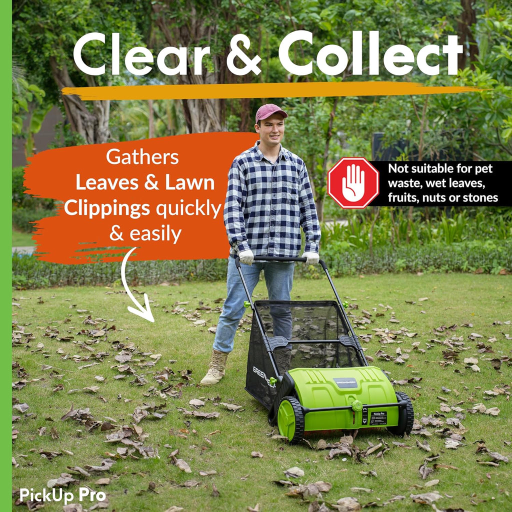 Pickup Pro 2 Leaf & Lawn Sweeper – Push Powered Garden Sweeper for Grass Clippings, Leaves & Debris – Manual Push Yard Sweeper with Height Adjustment & Large Collection Hopper