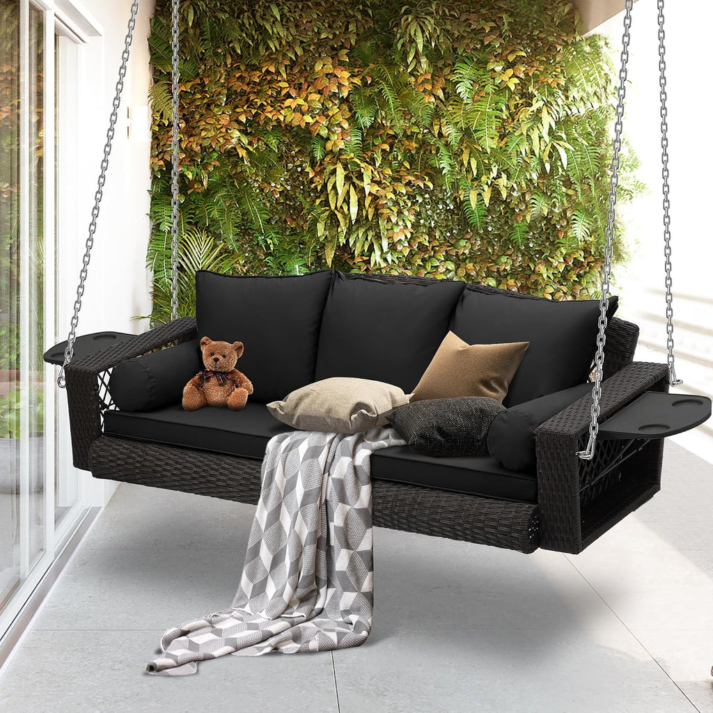 Wicker Porch Swing, 3-Seats Rattan Hanging Swing Chair, Patio Grey Rattan Swings, Outdoor Swing Bench with Cushion for Patio Backyard Poolside Garden, Black