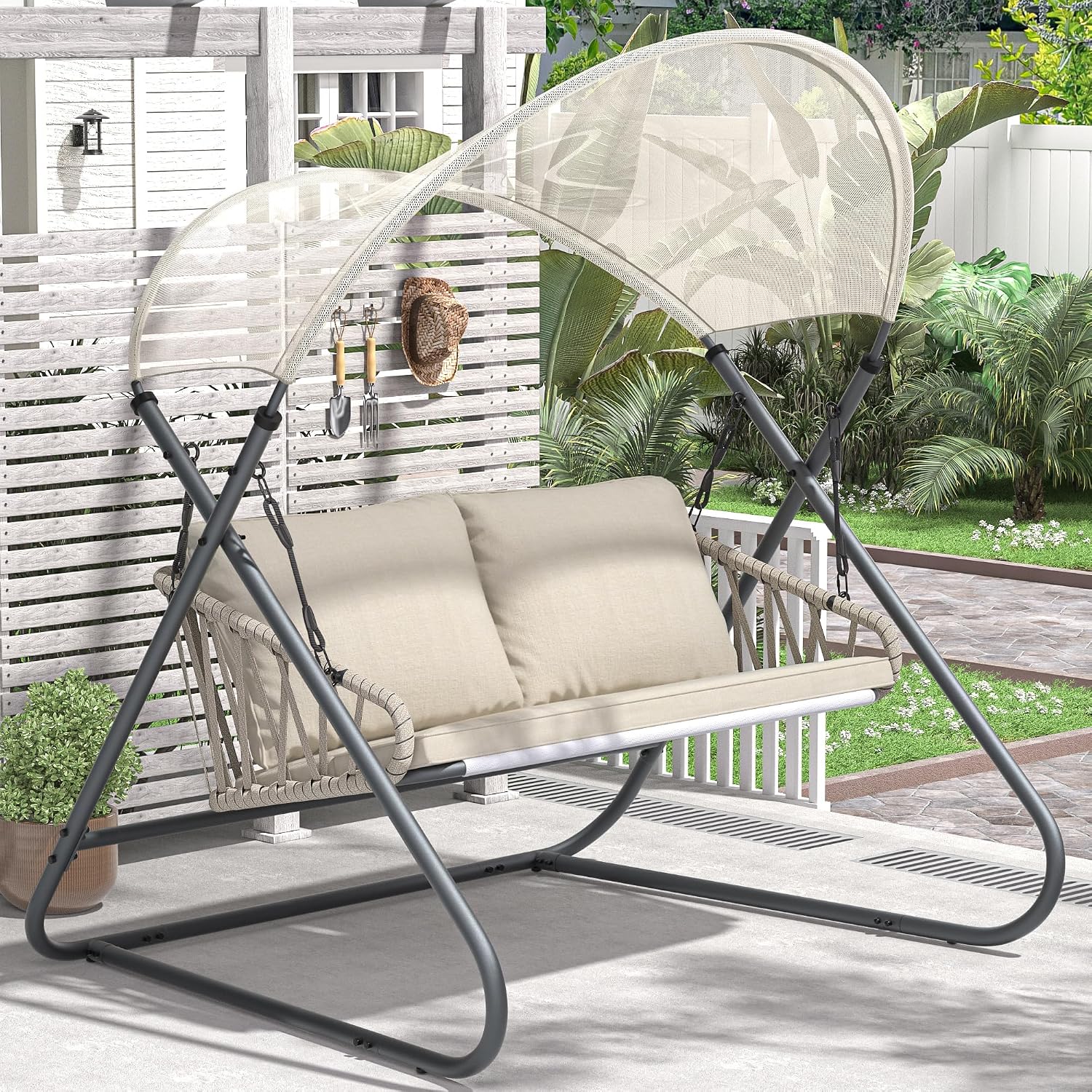 2-Seat Outdoor Porch Swing, Patio Swing with Canopy, Hanging Glider Bench with Thicken Cushions and Pillow, Patio Hammock Lounge Chair for Backyard Porch Garden Deck, Beige