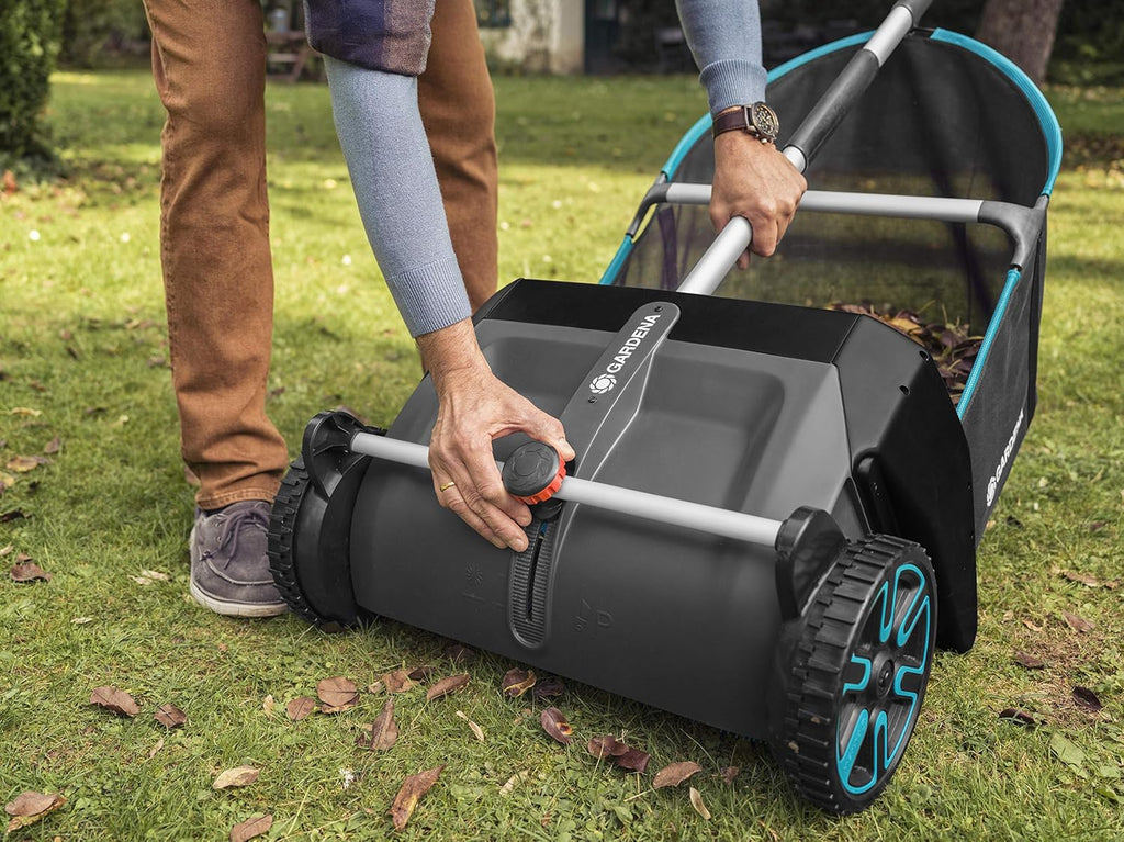 GARDENA Lawn & Leaf Collector Sweeper - Manual Lawn Sweeper - Large Capacity Hopper Bag - Adjustable Height Wide Brush Pickup - Easy to Maneuver Yard Debris Collector - Space Saving Storage - 03565