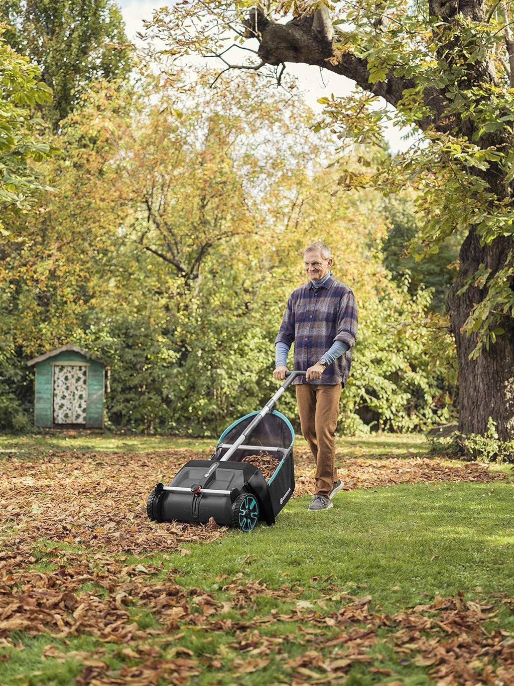GARDENA Lawn & Leaf Collector Sweeper - Manual Lawn Sweeper - Large Capacity Hopper Bag - Adjustable Height Wide Brush Pickup - Easy to Maneuver Yard Debris Collector - Space Saving Storage - 03565