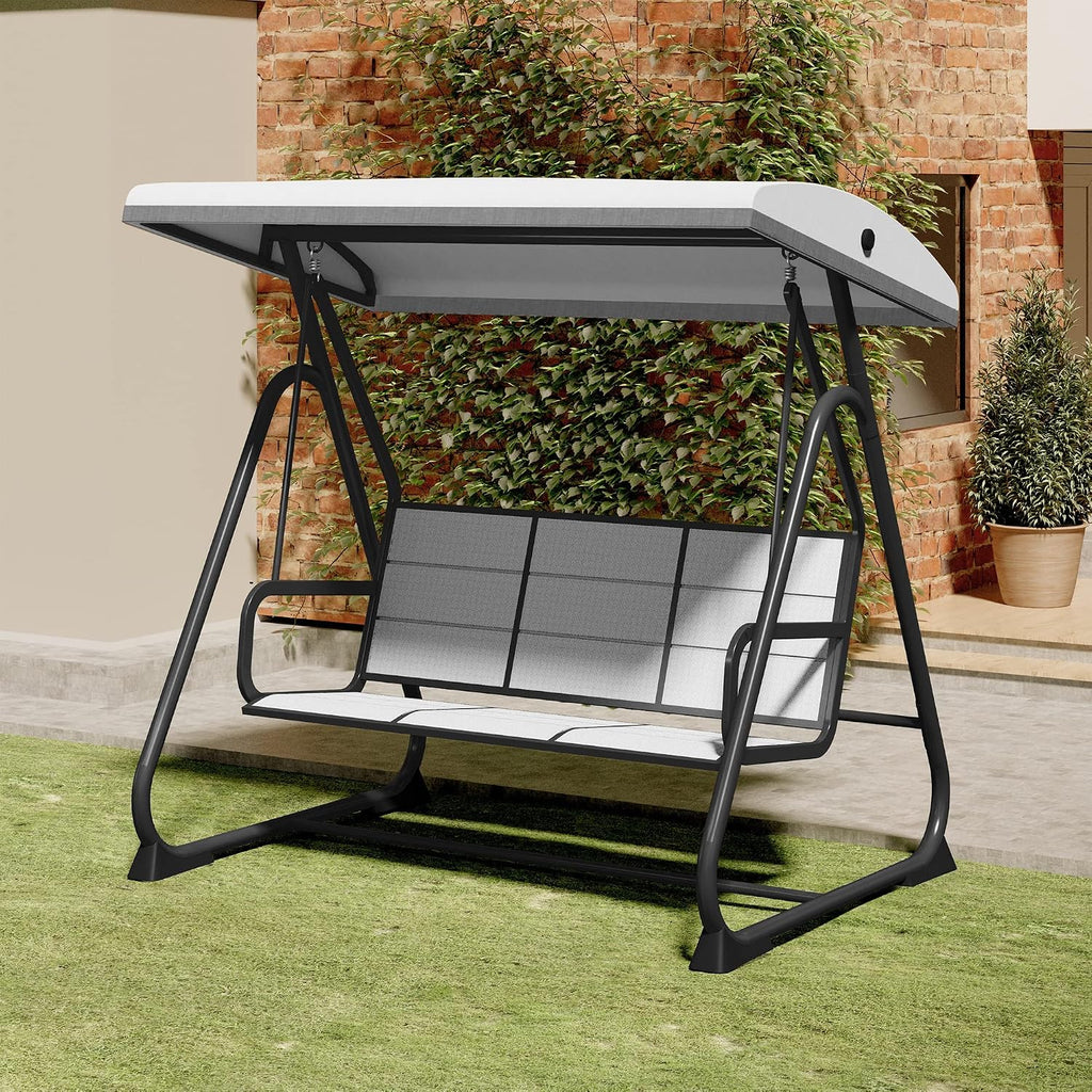 East Oak 3-Person Porch Swing with Adjustable Canopy, Outdoor Patio Swing Chair with Comfortable and Breathable Seats, Outdoor Swing Chairs for Balcony, Garden, Backyard, Black