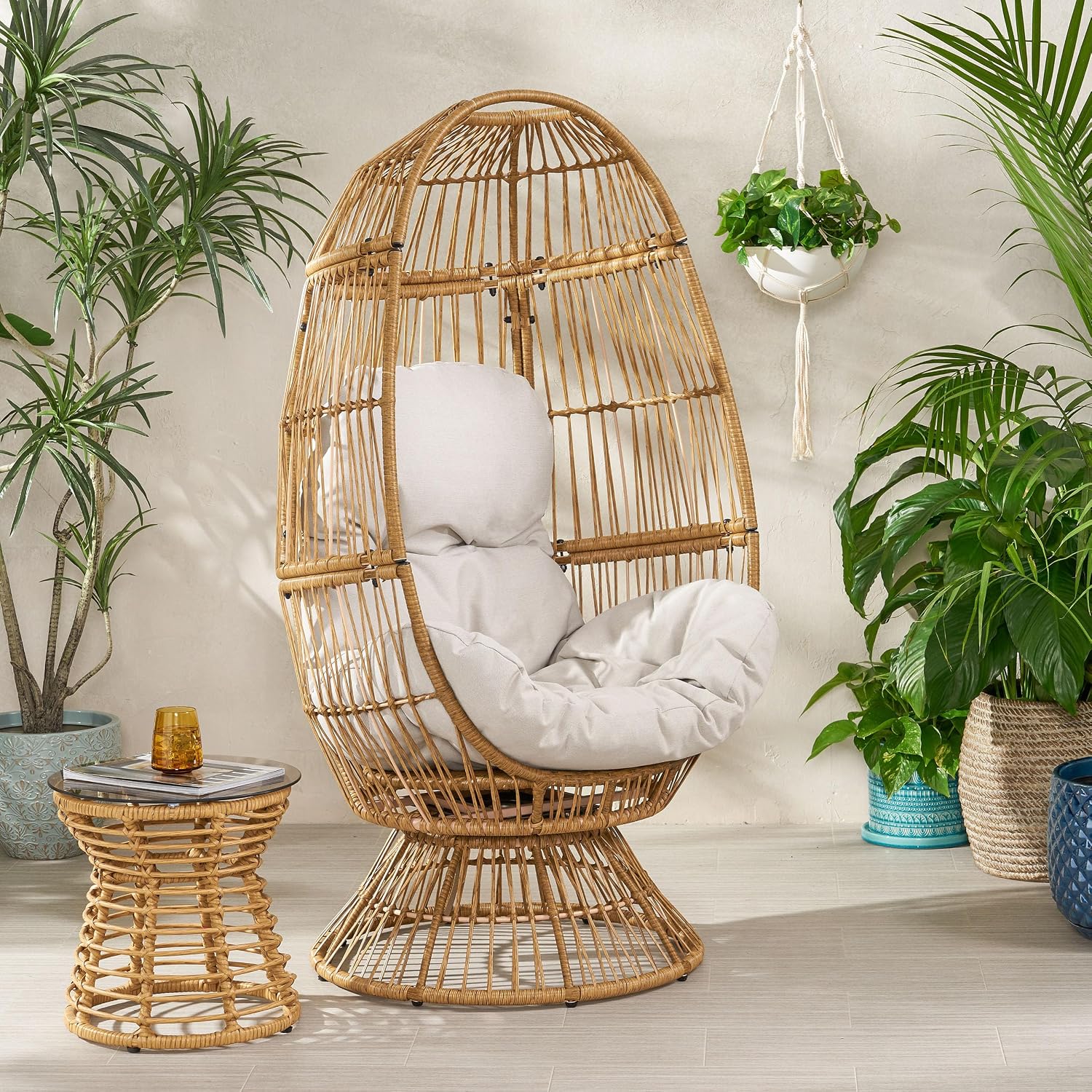 Wicker Egg Chair, Wicker Lounge Chair with Water Resistant Cushion, Indoor Outdoor Lounger for Patio, Backyard, Living Room (Natural)