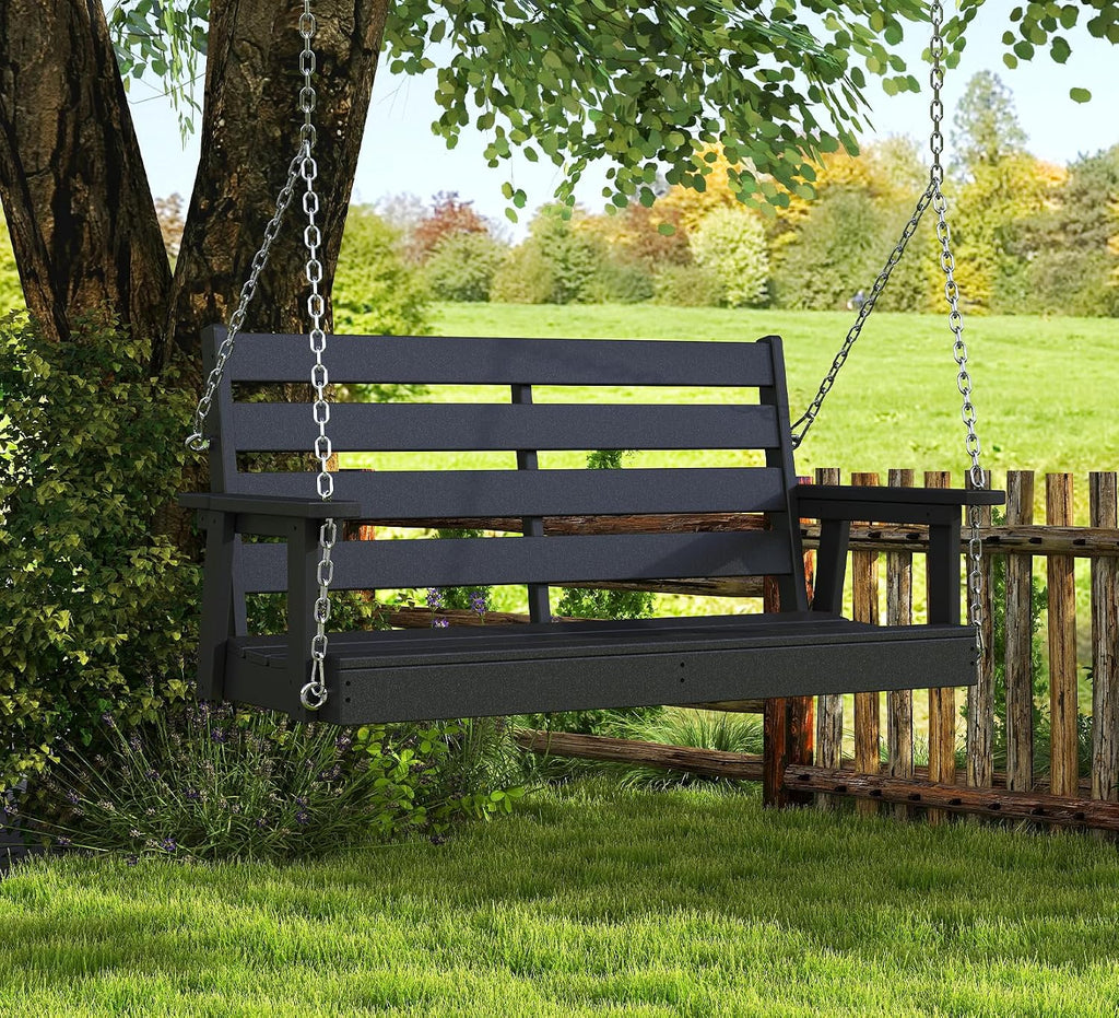 GREENVINES Porch Swing | 51'' | HDPE Plastic | for Outdoor Patio | All Weather | Waterproof Bench Swings | w/ 4 Stainless Steel Chains | Black